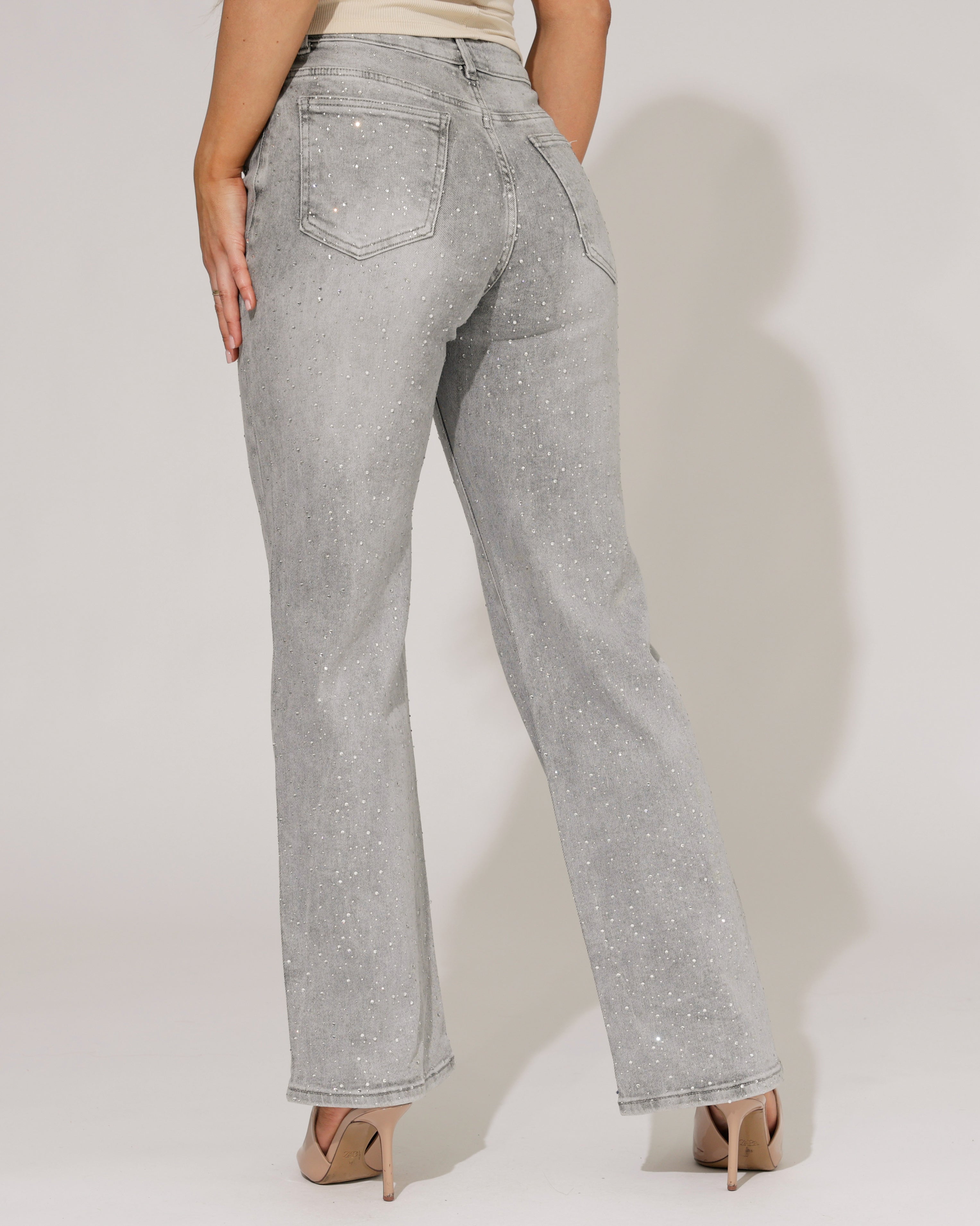 Hello Miss | Wide leg jeans met stras Simone-6 Grijs