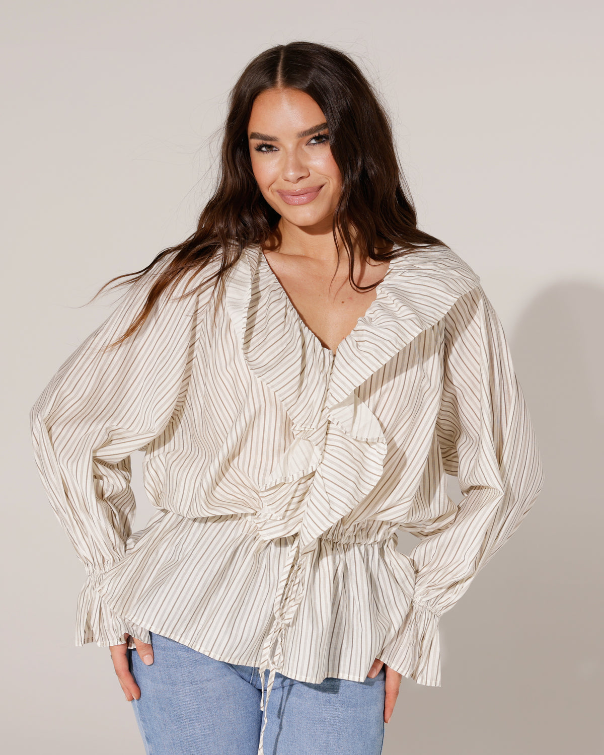 Blouse met streepjes Cilly in taupe, extra aanzicht 2
