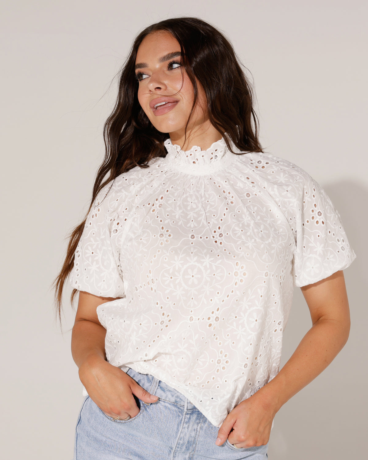 Broderie blouse opstaande kraag Bente in wit