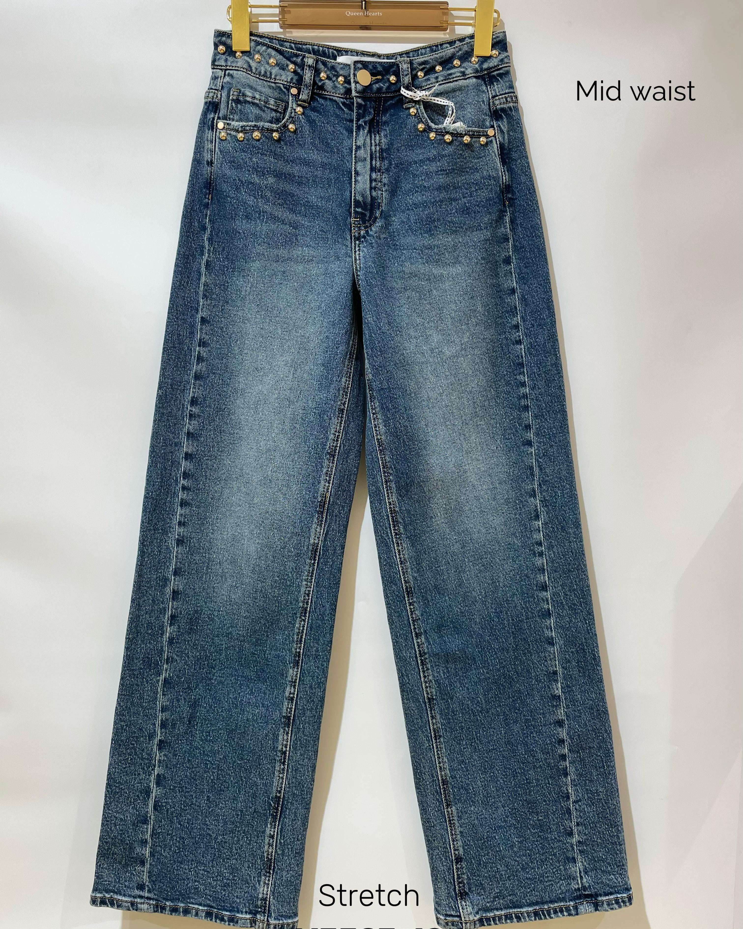 Queen Hearts | Wide leg, Straight jeans Studs Irvy-1 Donkerblauw