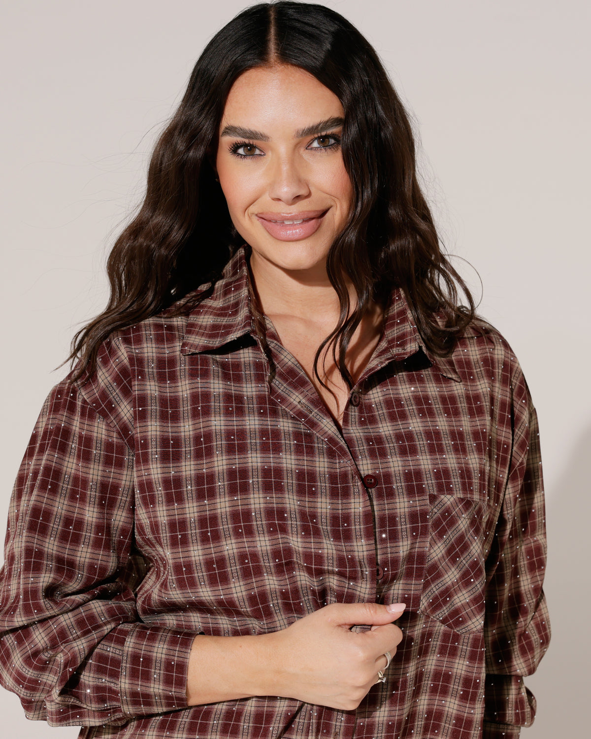 Geruite blouse met strass Ella in bordeaux, extra aanzicht 2