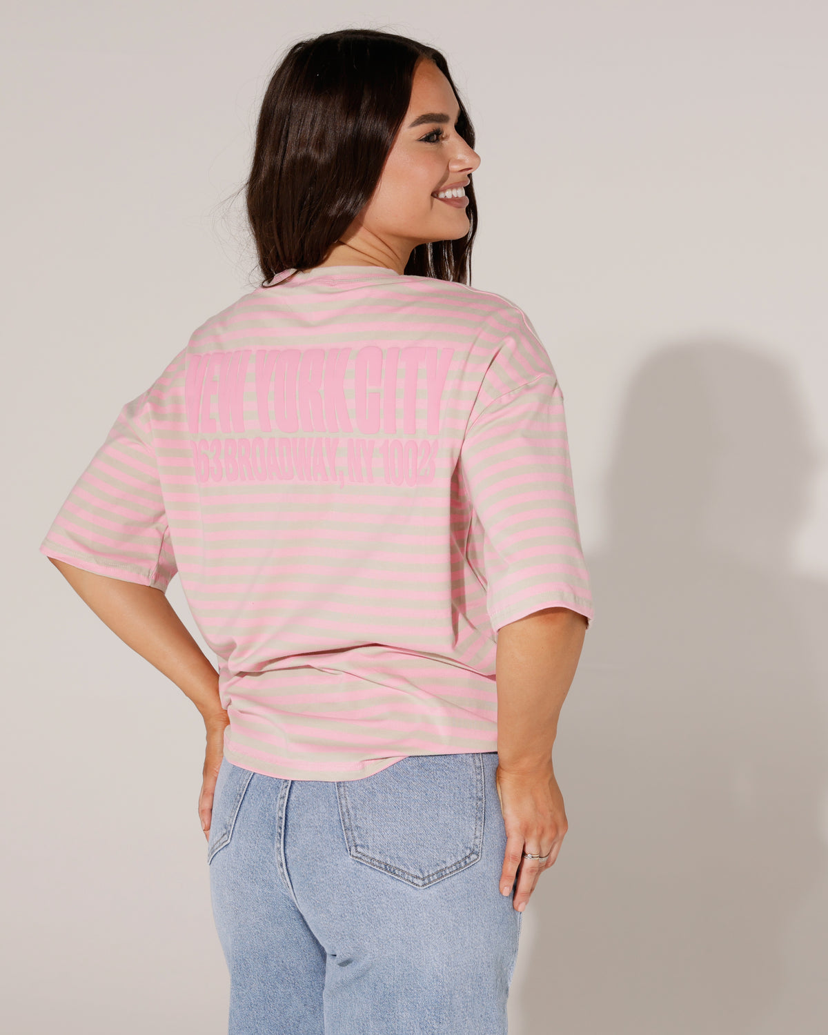 Gestreept T-shirt New York Broadway in roze, extra aanzicht 2