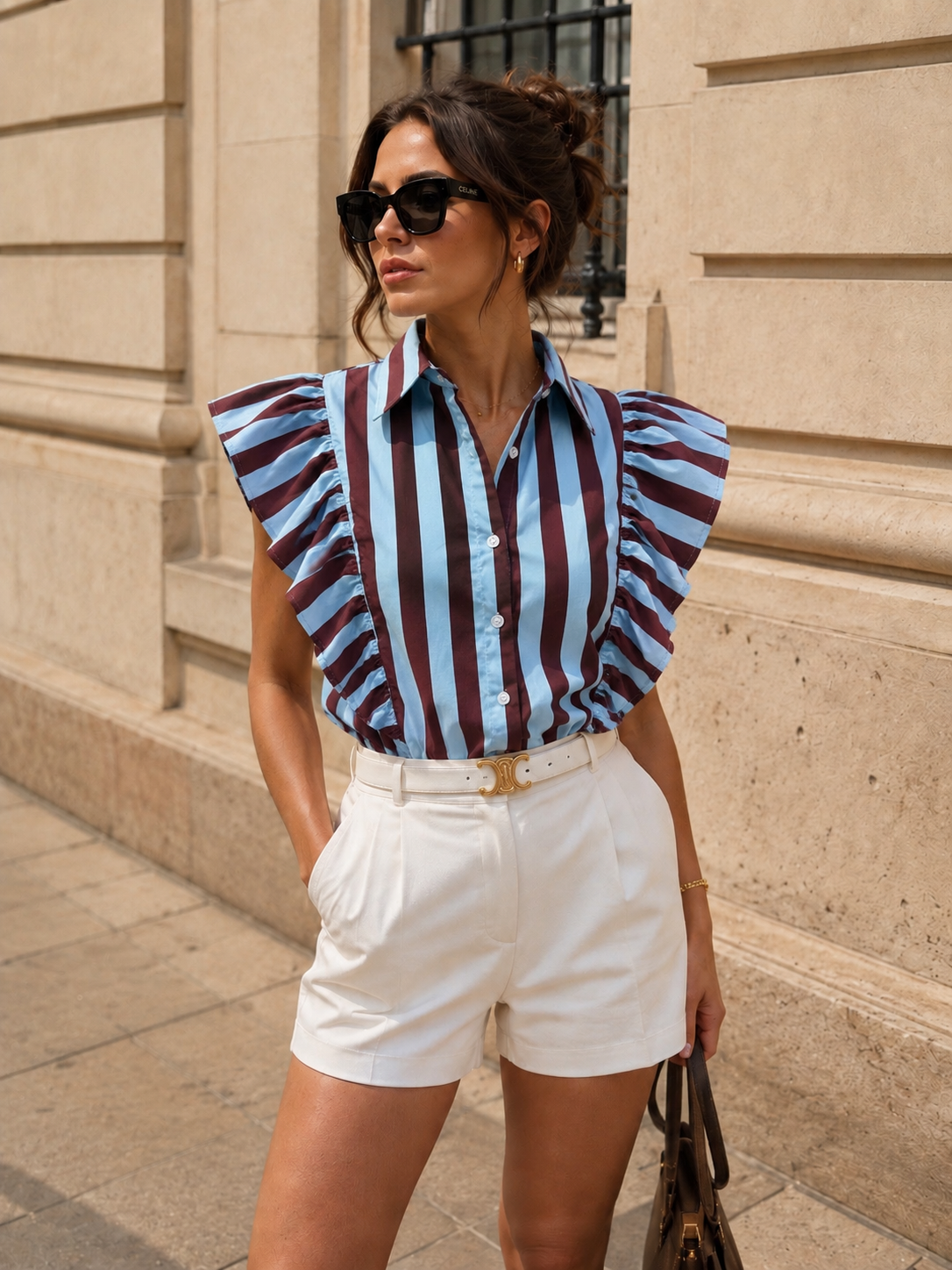 Gestreepte blouse Maris Lichtblauw/ Aubergine