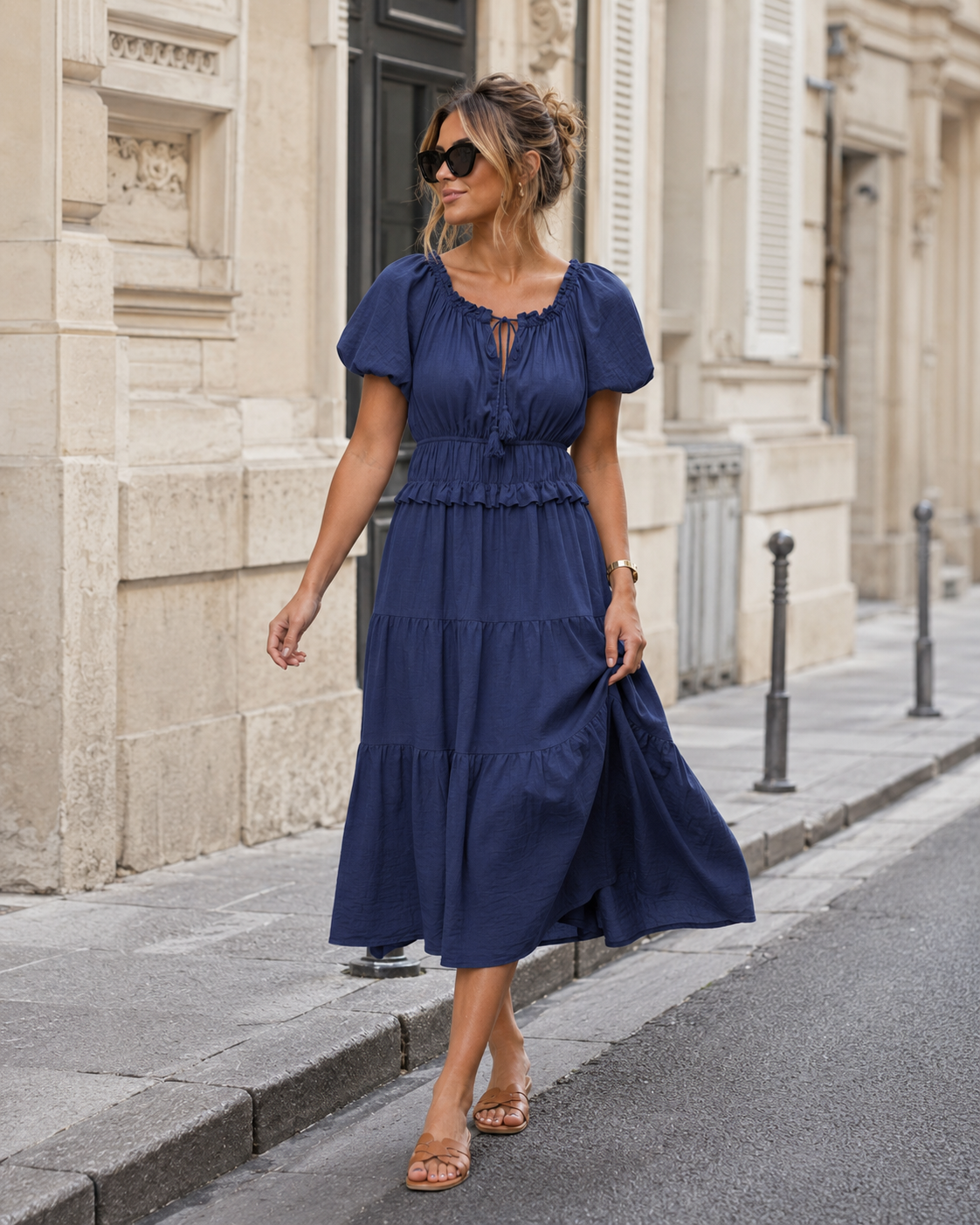 Off-shoulder jurk Noor in donkerblauw, extra aanzicht 2