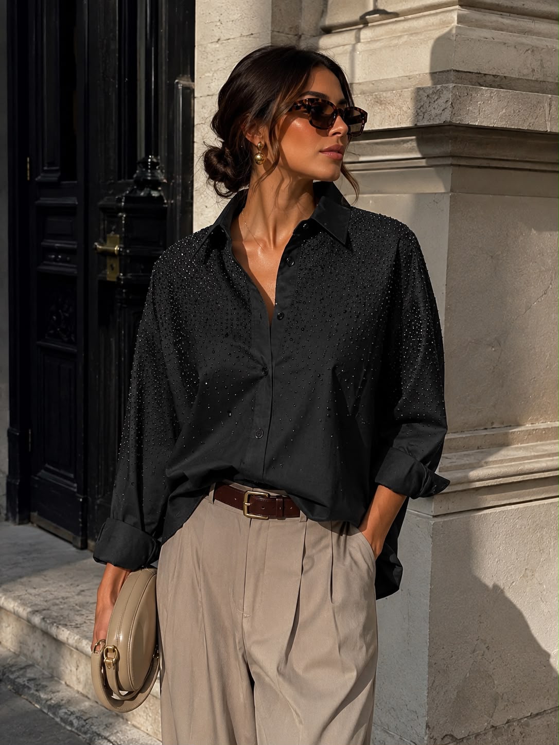 Oversized zwarte blouse met strass Yazz voor een trendy look