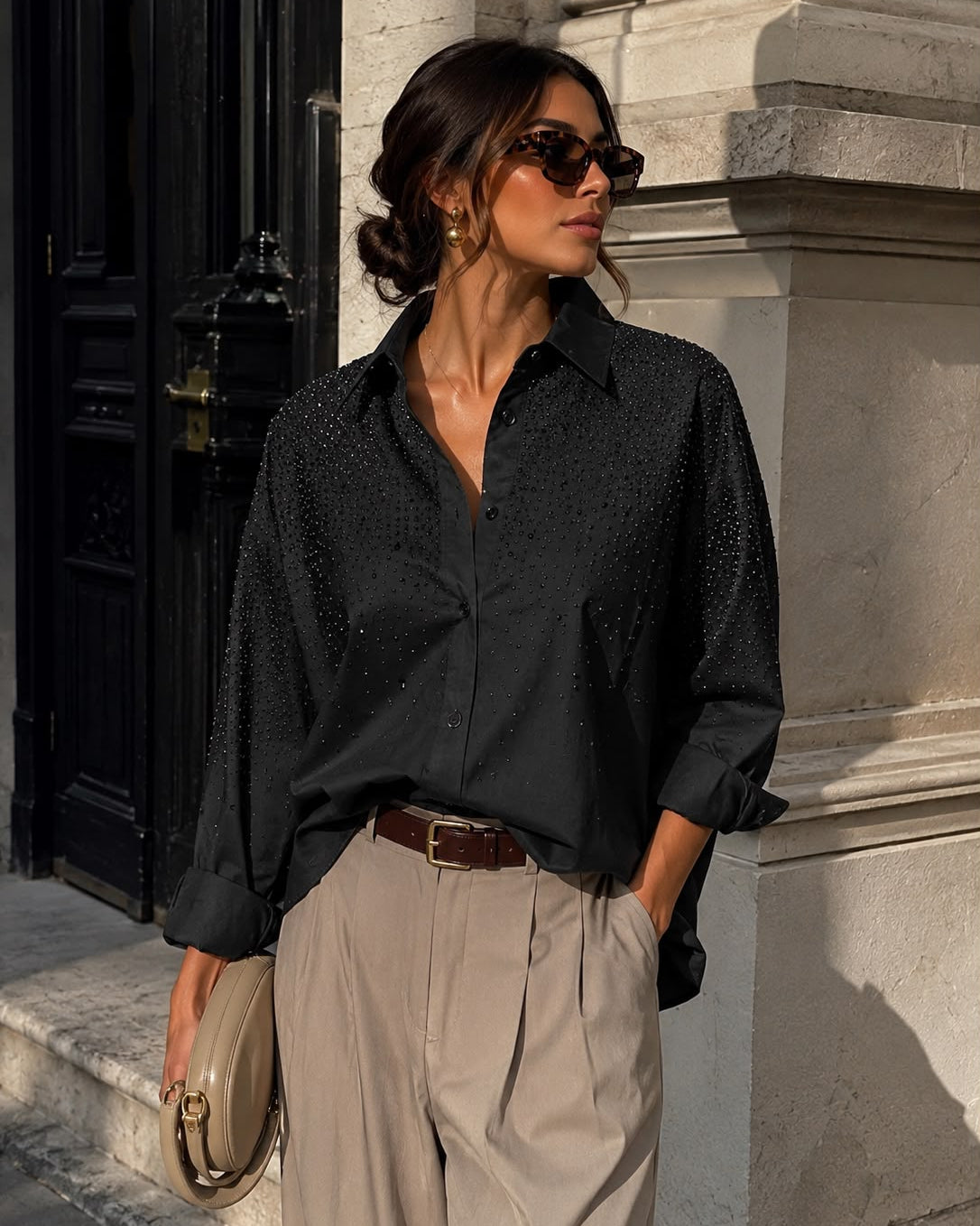 Oversized zwarte blouse met strass Yazz voor een trendy look
