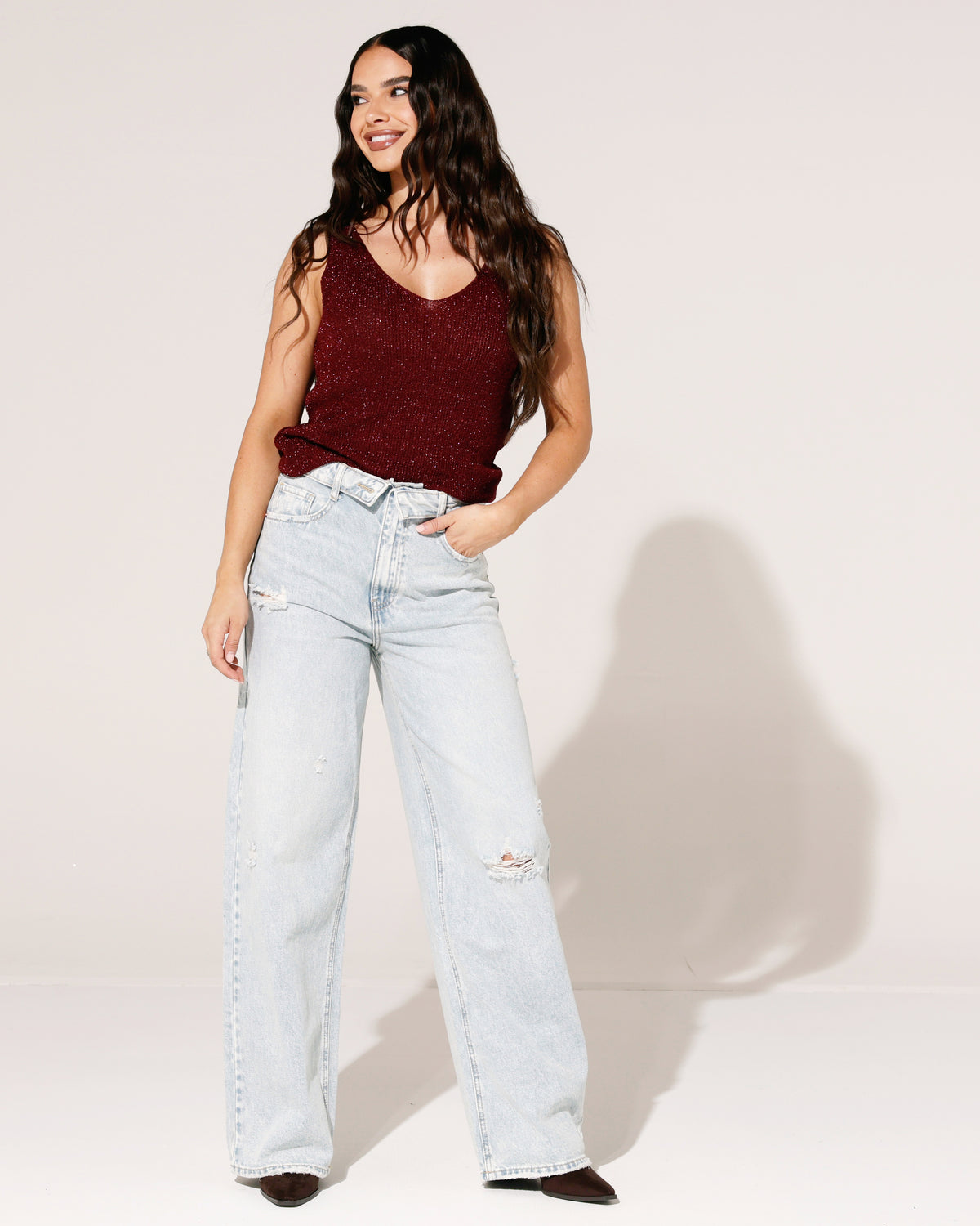 Queen Hearts Baggy wide leg jeans met omslag Deb-1 in lichtblauw, extra aanzicht 2