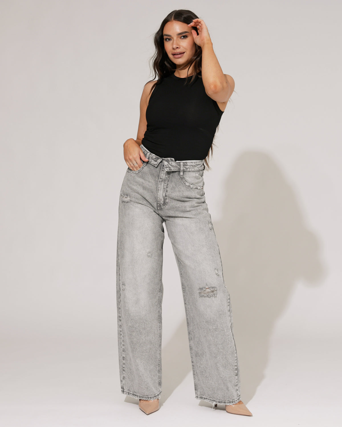 Queen Hearts Baggy wide leg jeans met omslag Deb-2 in grijs, extra aanzicht 2