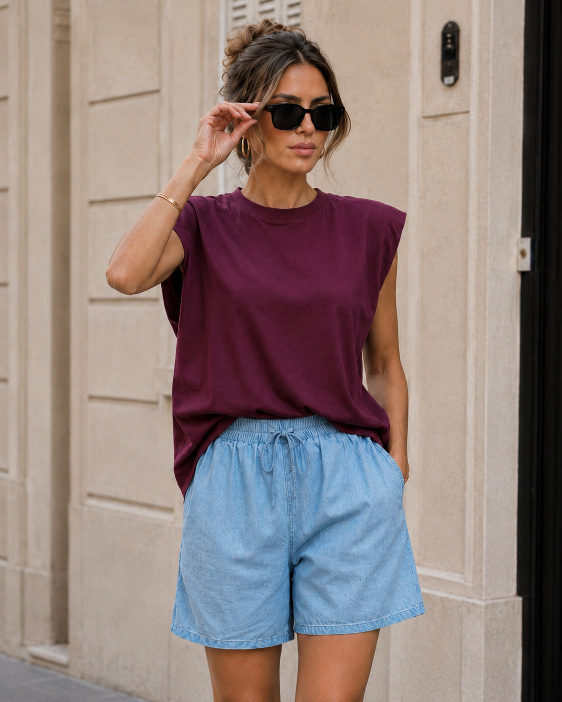 Denim look short Sandy Blauw