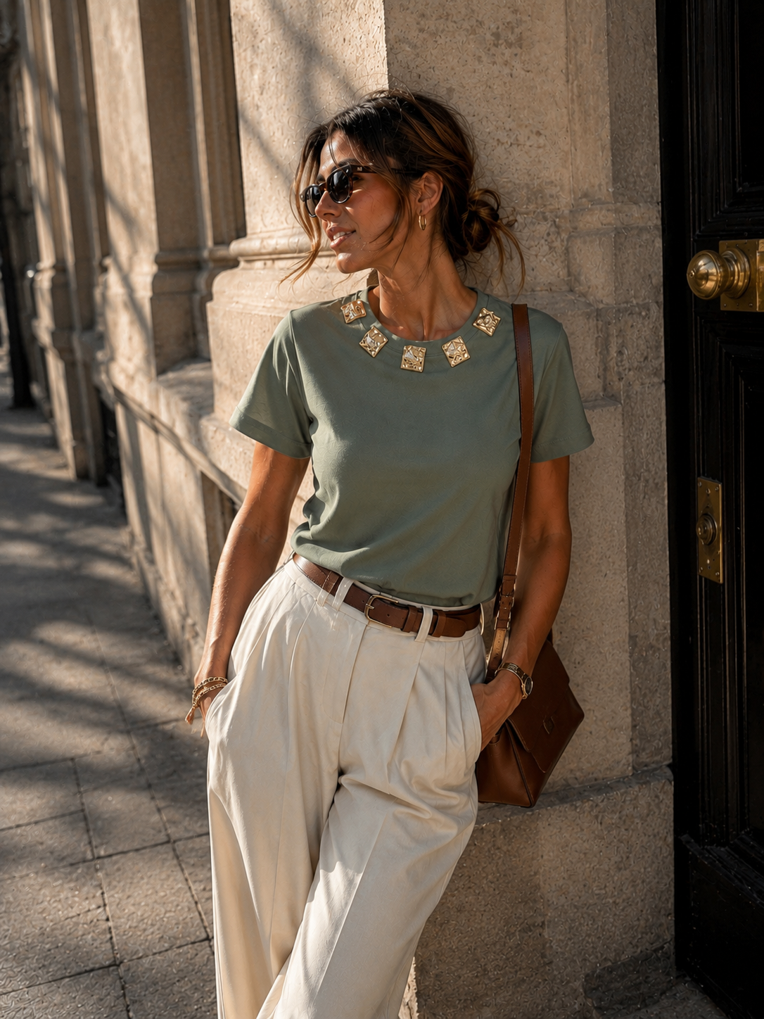 T-shirt met gouden ornamenten Bibi in donkergroen, extra aanzicht 3
