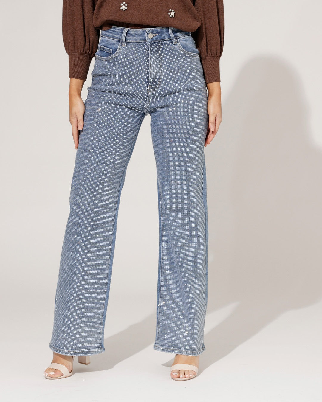 Hello Miss | Wide leg jeans, diamonds stretch Blauw