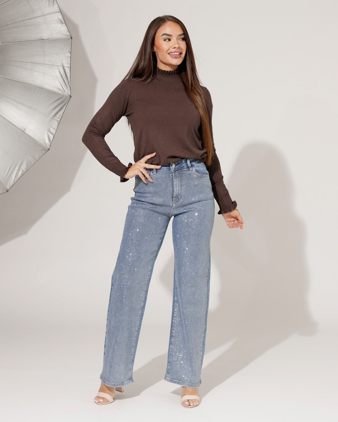 Hello Miss | Wide leg jeans, diamonds stretch Blauw