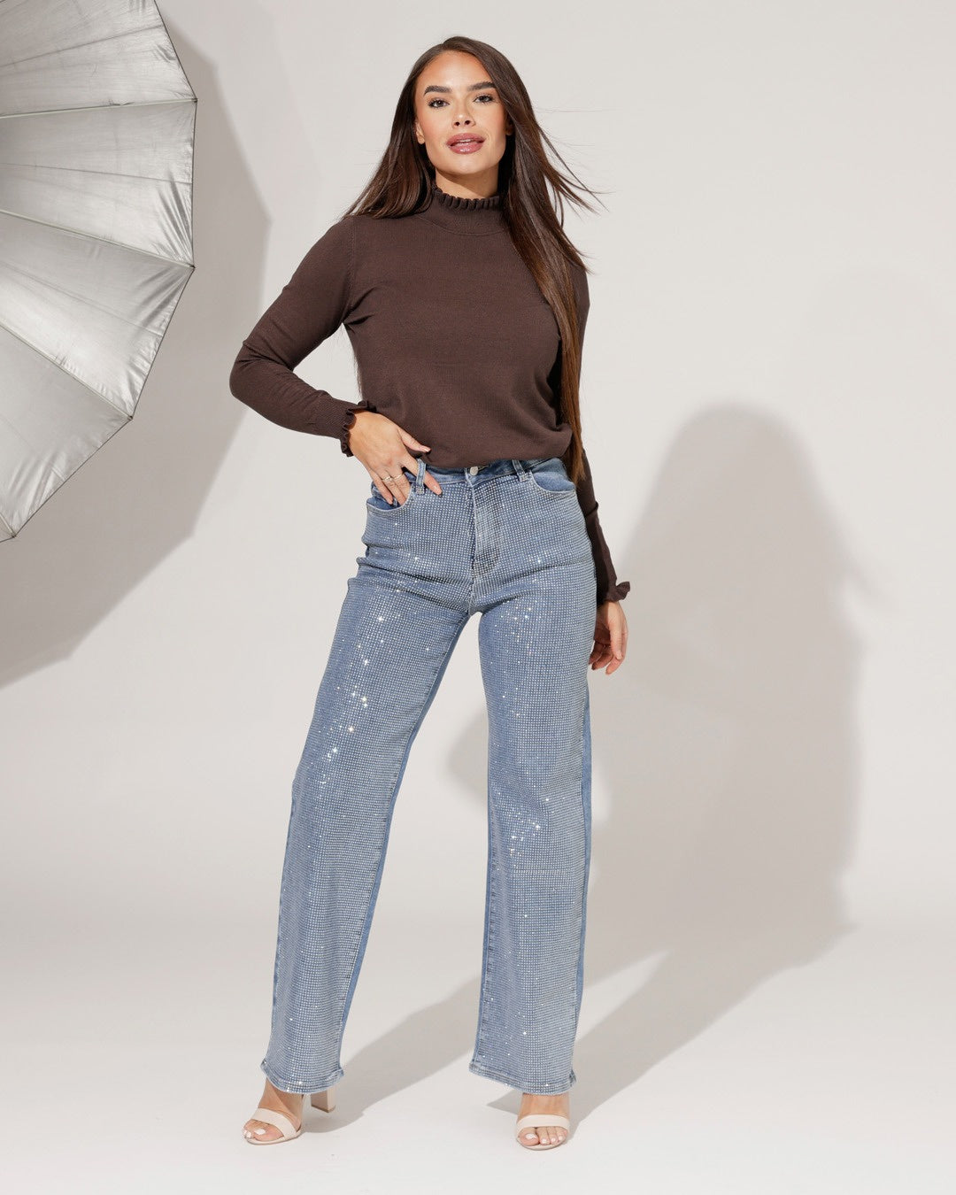 Hello Miss | Wide leg jeans, diamonds stretch Blauw
