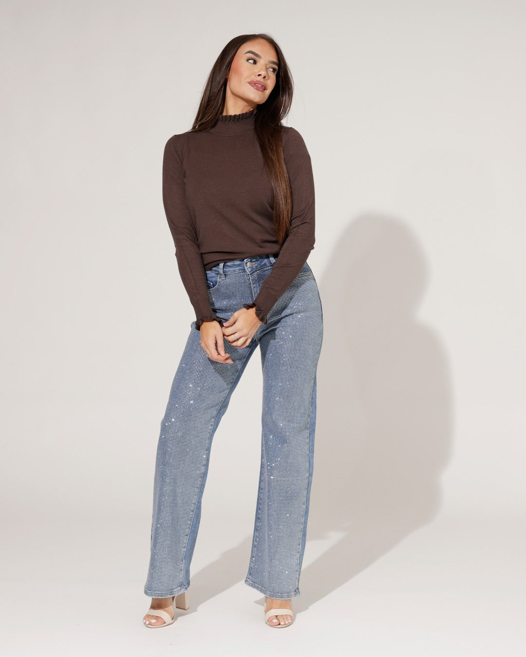 Hello Miss | Wide leg jeans, diamonds stretch Blauw