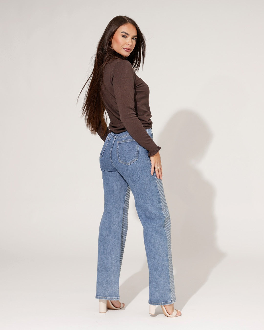 Hello Miss | Wide leg jeans, diamonds stretch Blauw
