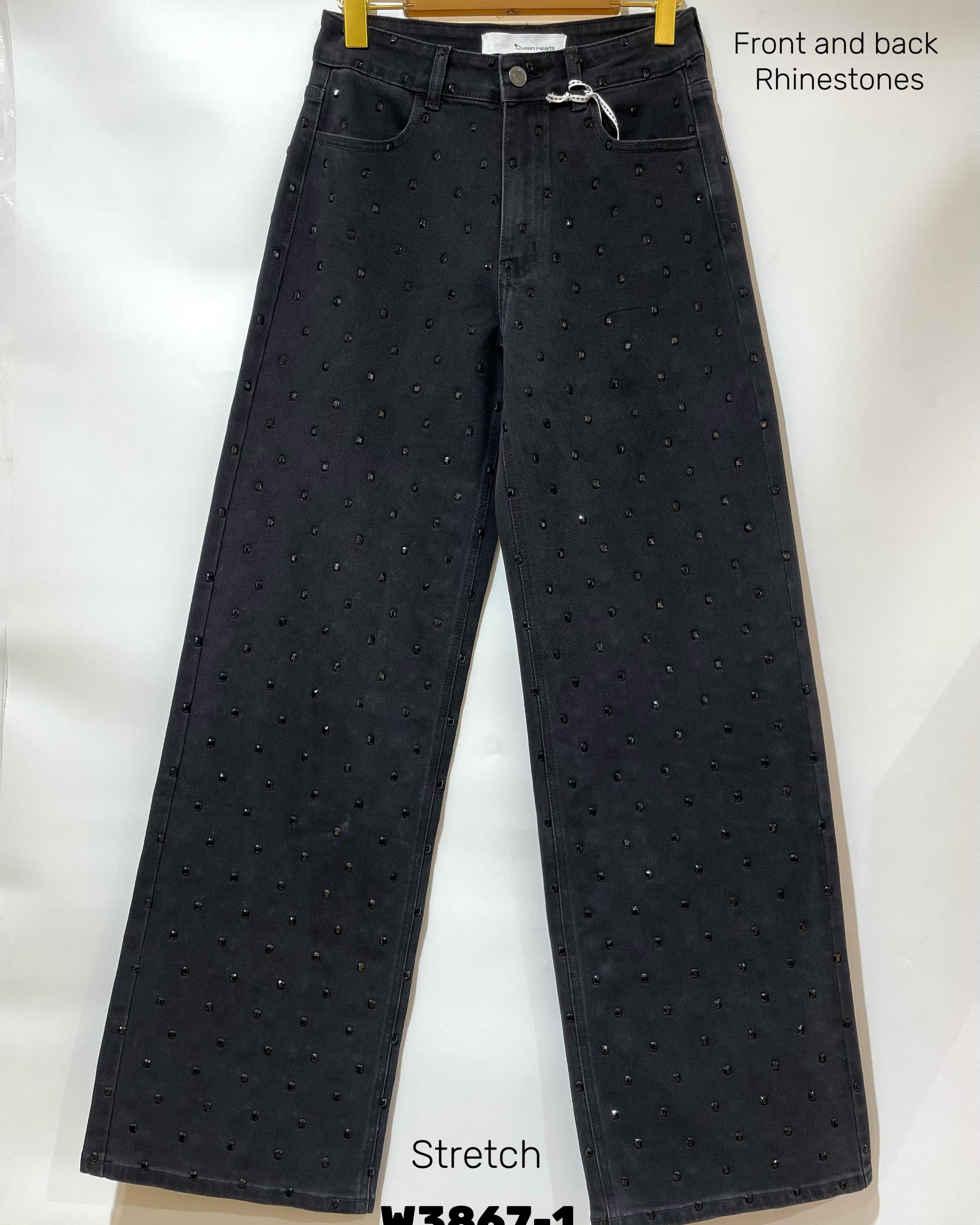 Queen Hearts | Wide leg, Straight jeans Rhinestones all over Tina-1 Zwart