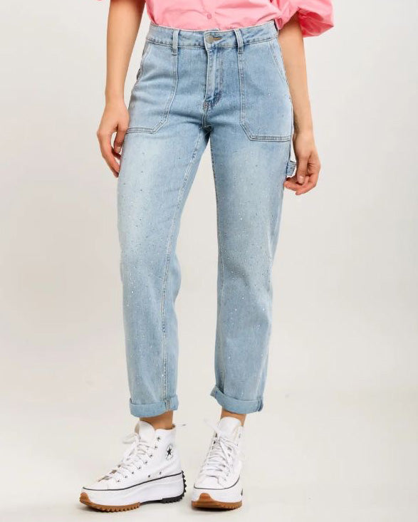 Toxik mom fit jeans dames lichtblauw met strassteentjes en cargo zakken