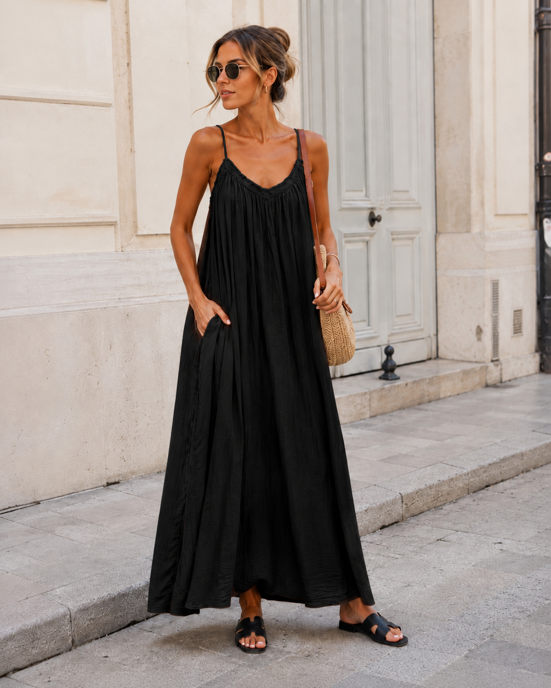 Lange jurk met bandjes Bella Zwart