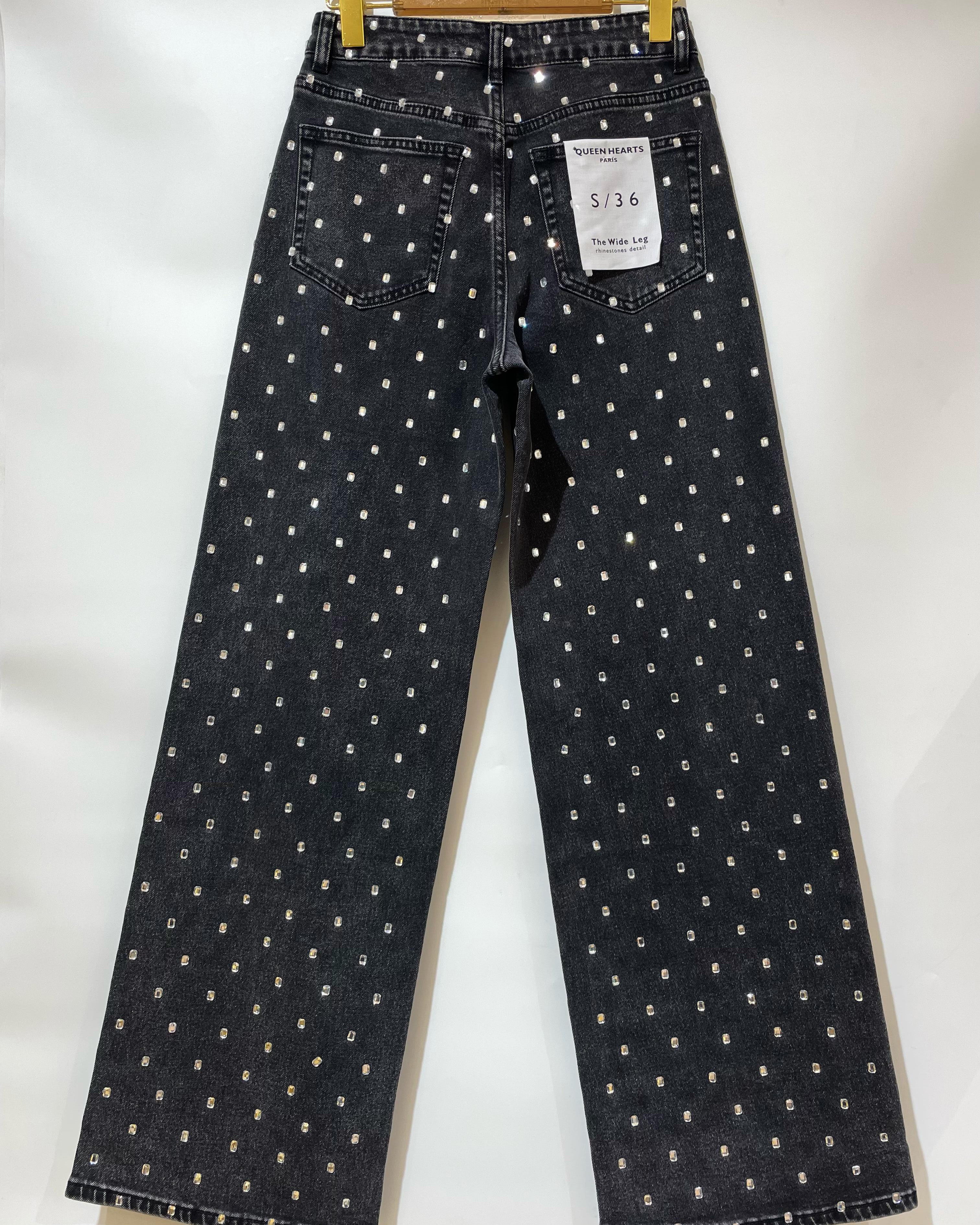 Queen Hearts | Wide leg, Straight jeans Rhinestones all over Tina-1 Zwart/ Zilver
