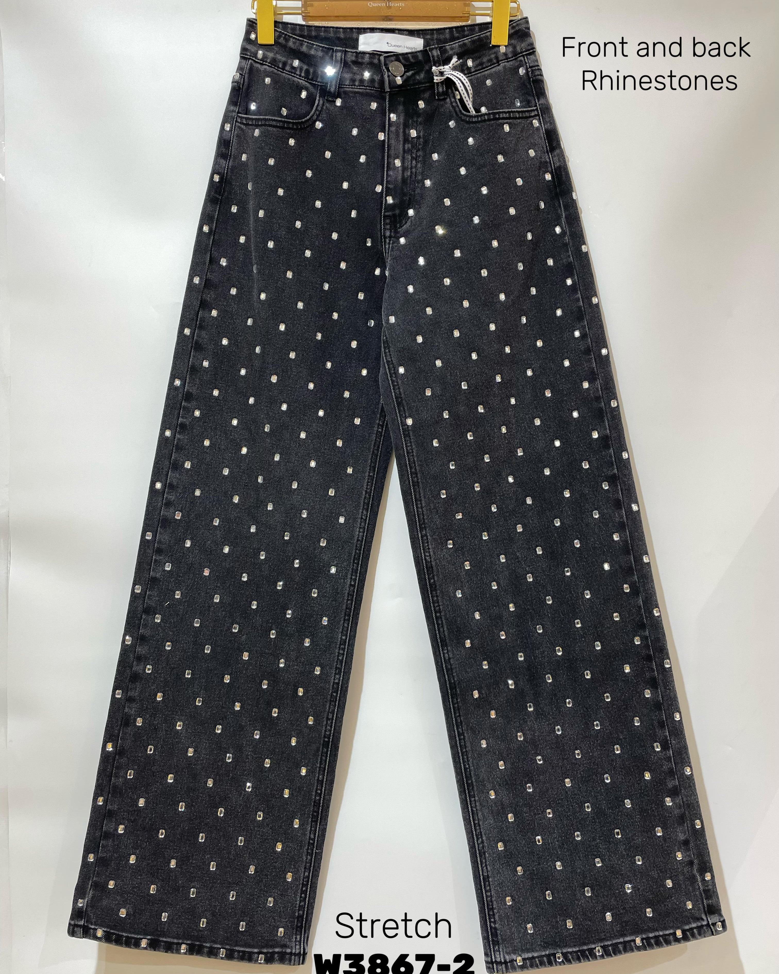 Queen Hearts | Wide leg, Straight jeans Rhinestones all over Tina-1 Zwart/ Zilver