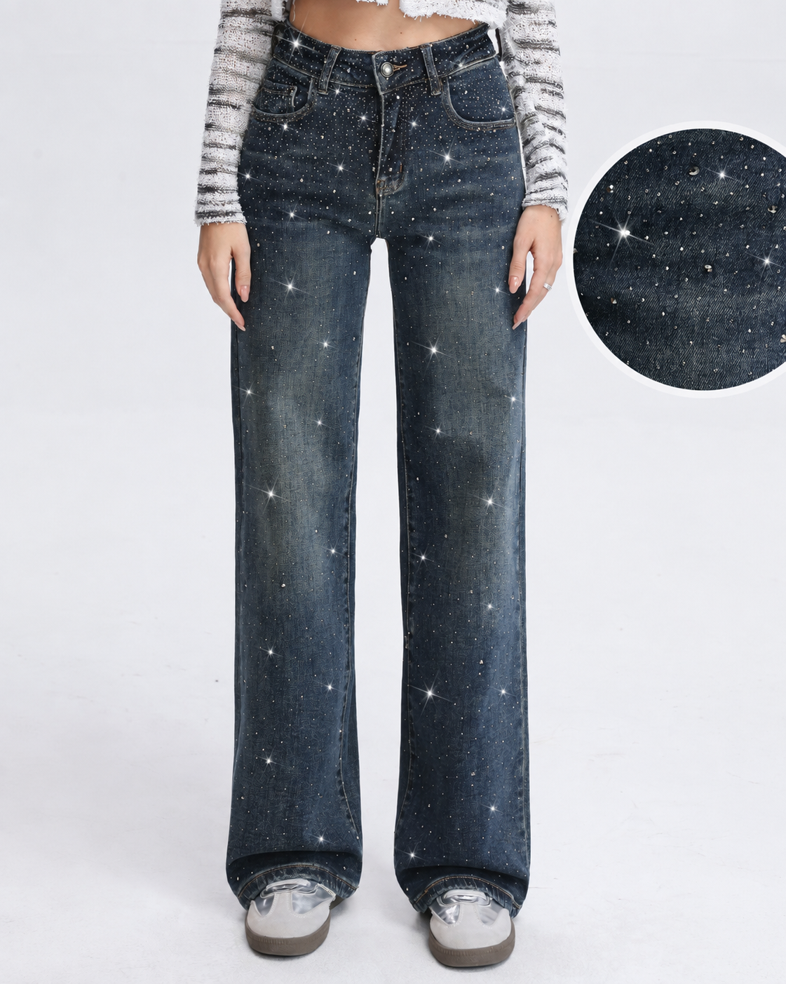 Hello Miss | Wide leg jeans met strass Rory-1 Donkerblauw