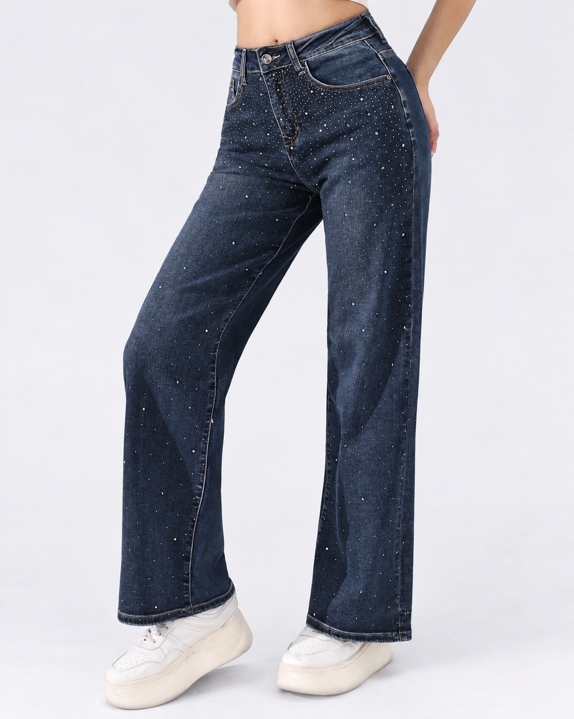 Hello Miss | Wide leg jeans met strass Melie Donkerblauw