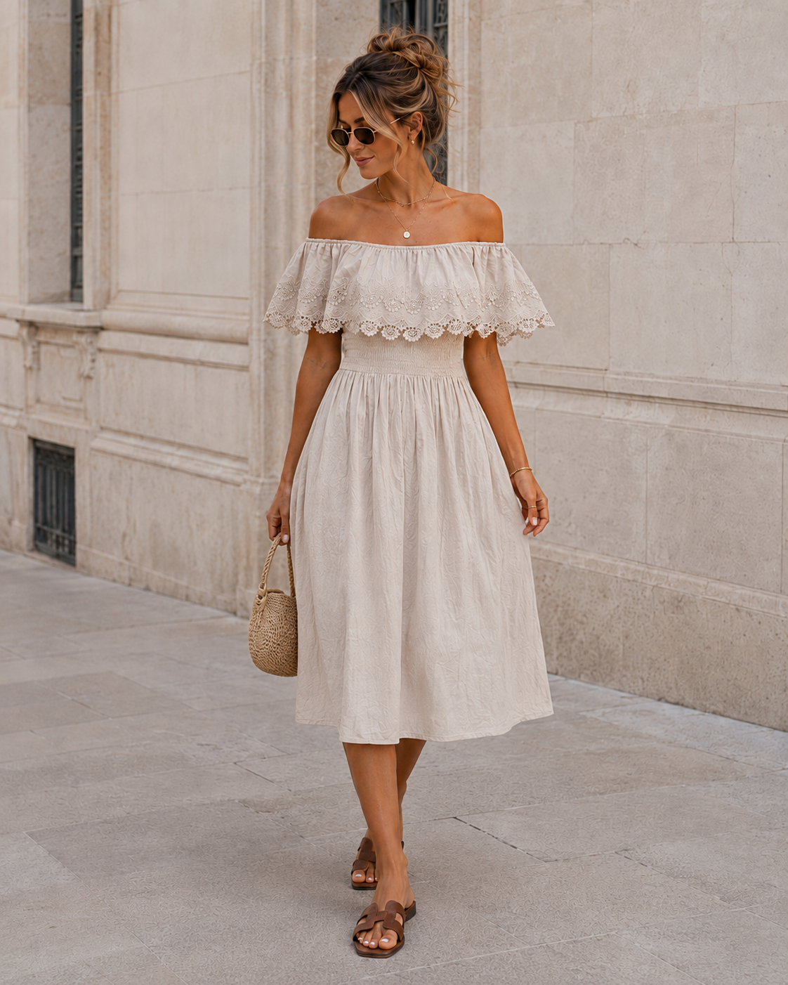 Off-shoulder jurk met broderie Bibi Beige