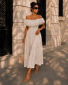 Off-shoulder jurk met broderie Bibi Beige