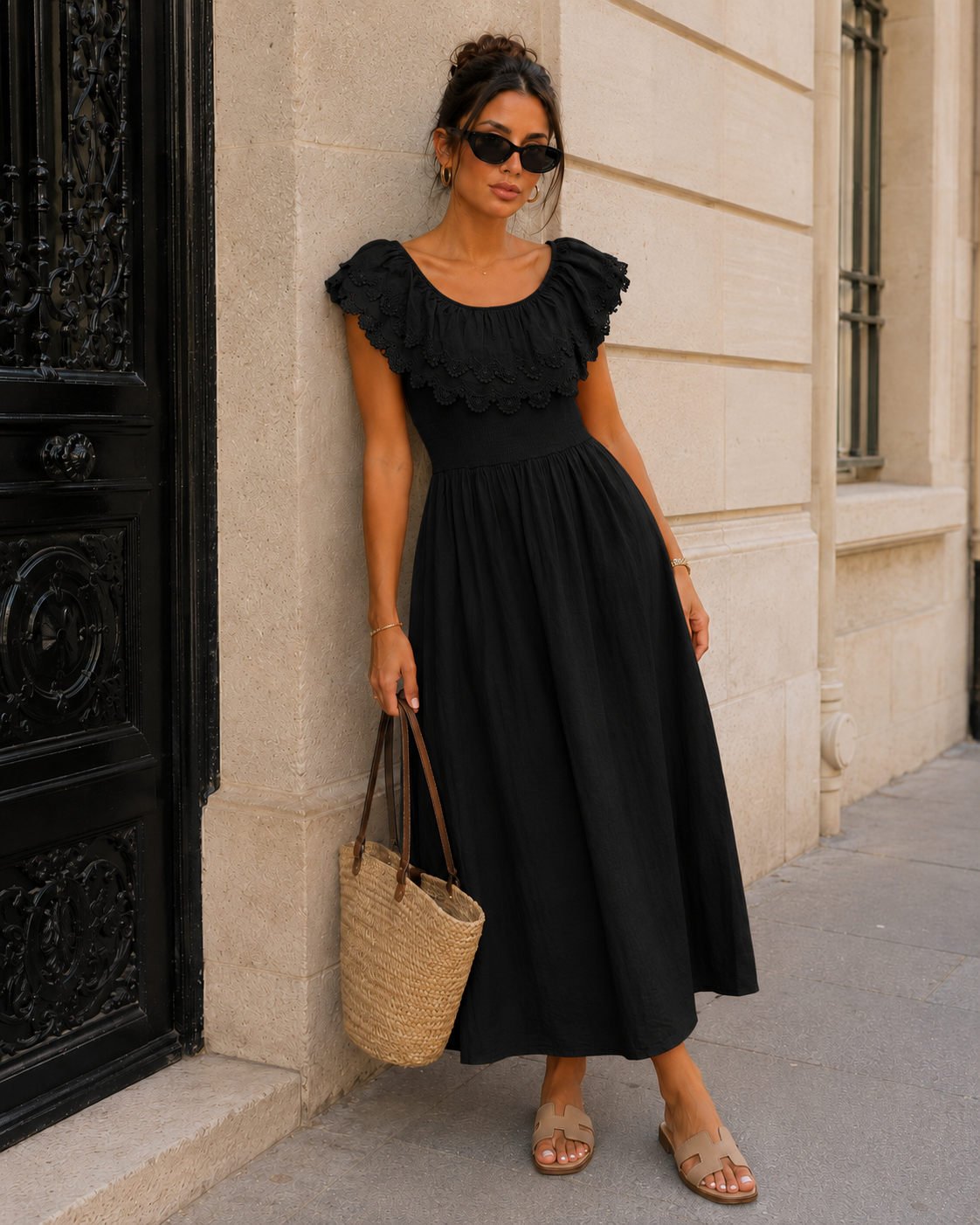 Off-shoulder jurk met broderie Bibi Zwart