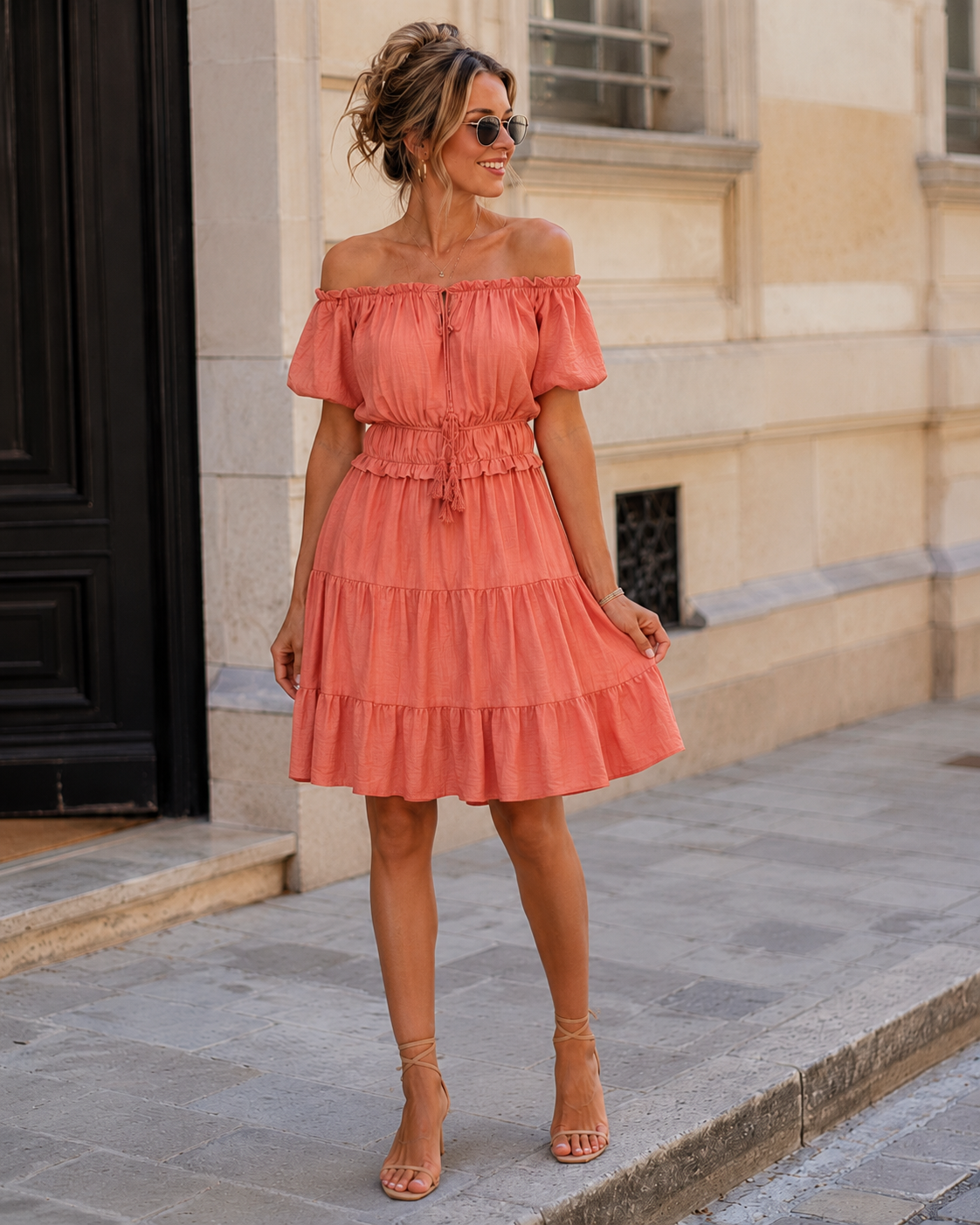 Off-shoulder jurk Noor Koraal