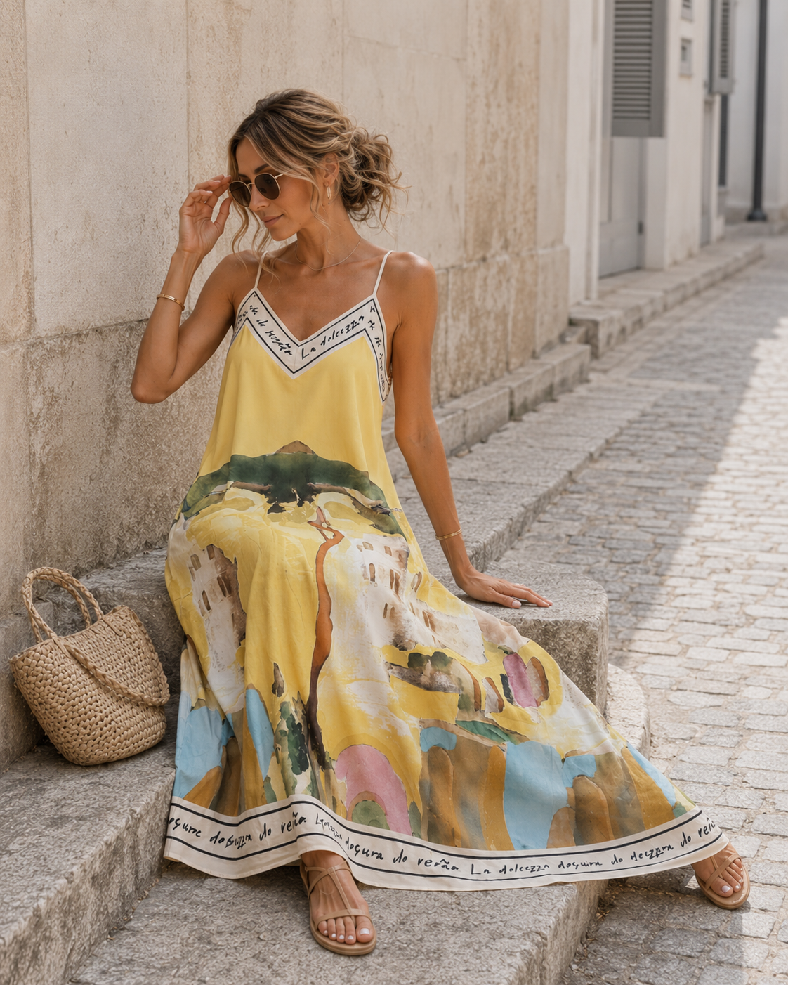 Lange jurk met print Eve Geel