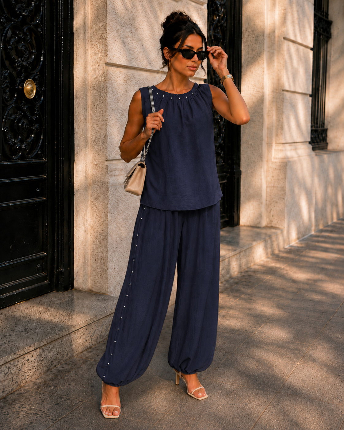 Co-ord set met studs Livia Donkerblauw
