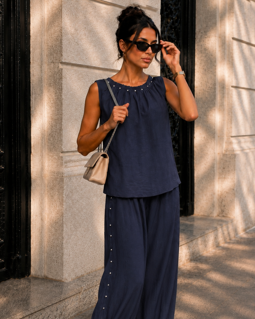 Co-ord set met studs Livia Donkerblauw