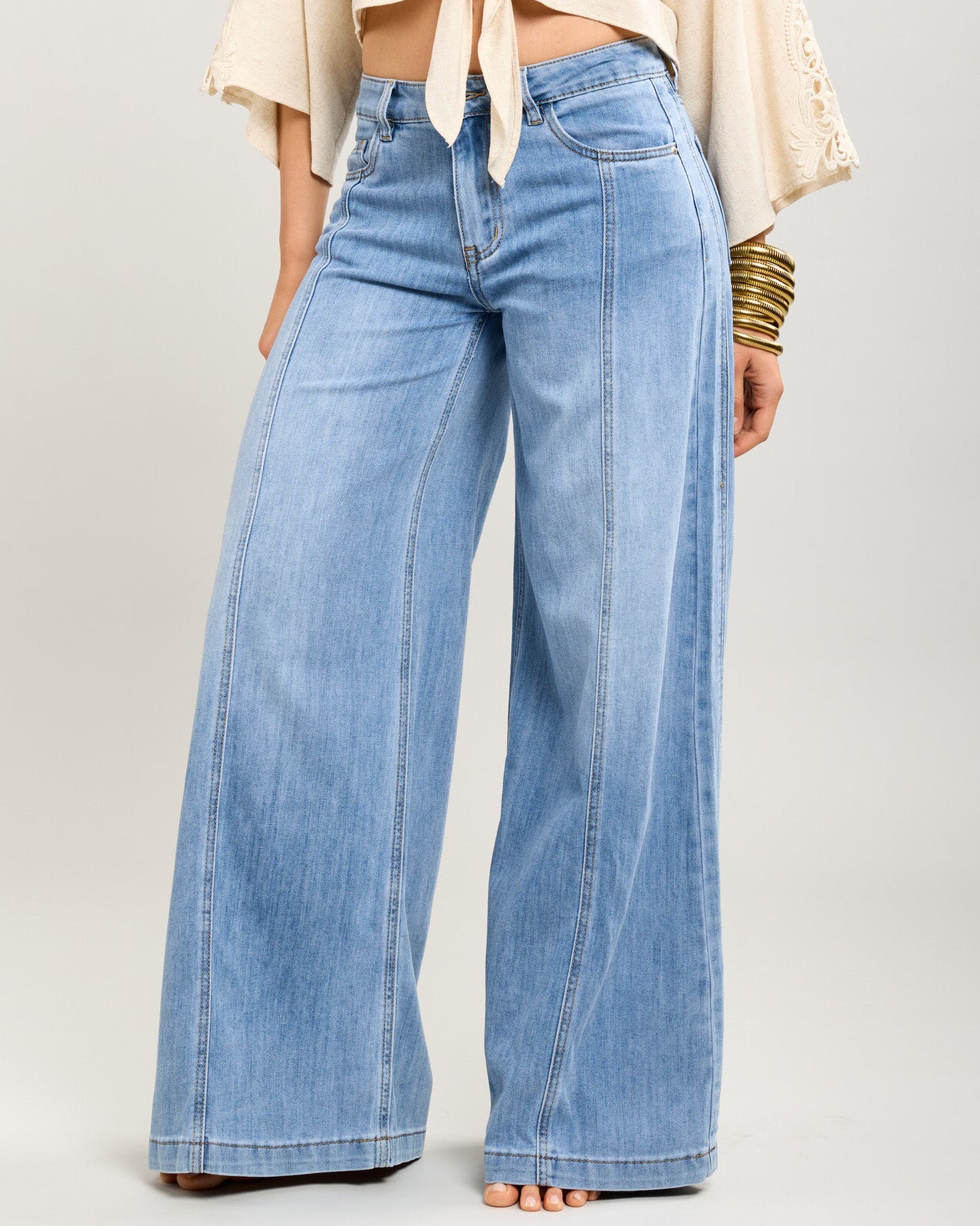 palazzo wide leg jeans dames lichte denim zijkant