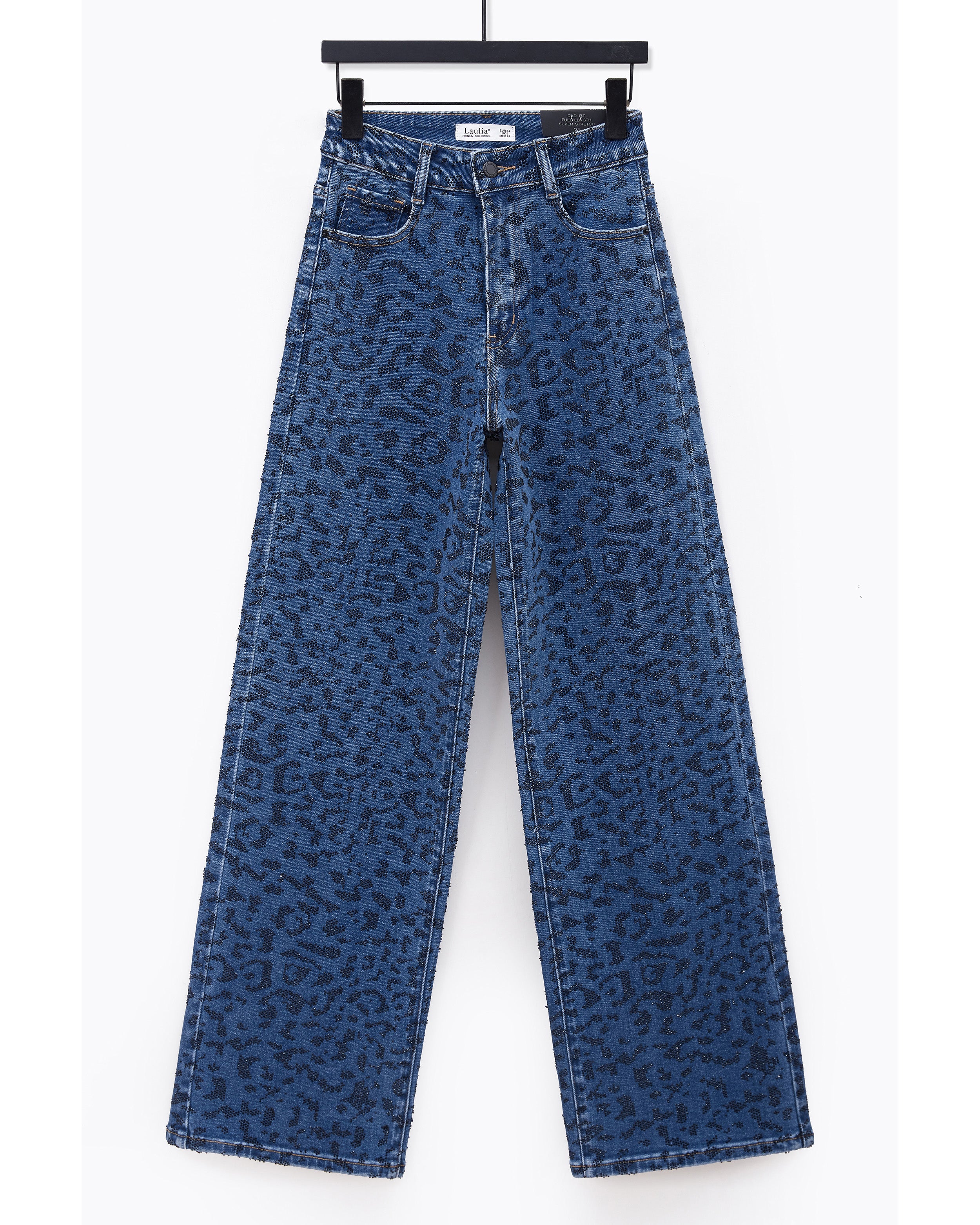 Laulia straight fit jeans dames met panterprint en donkerblauwe stras-steentjes - voorkant