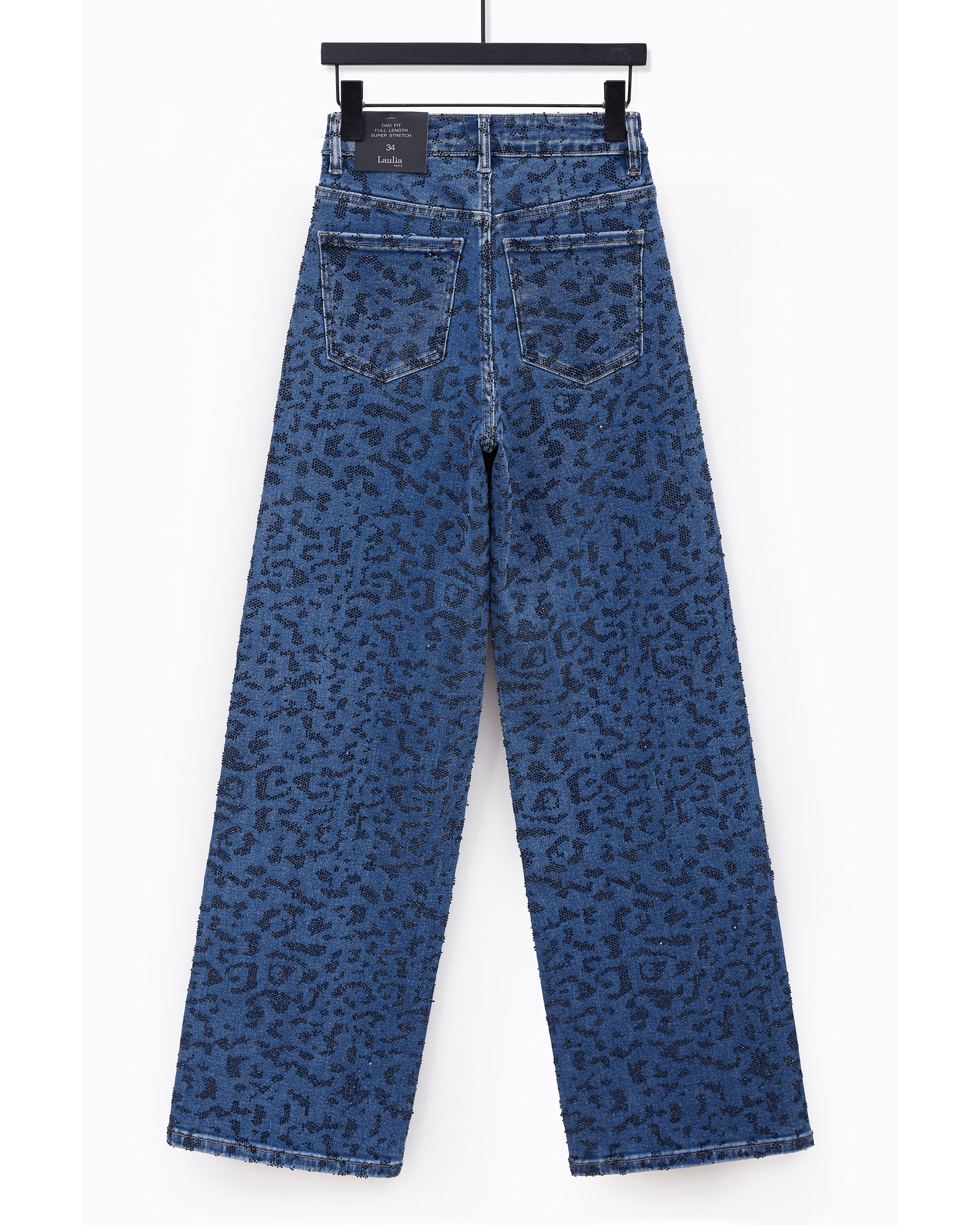 Laulia straight fit jeans dames met panterprint en donkerblauwe stras-steentjes - achterkant