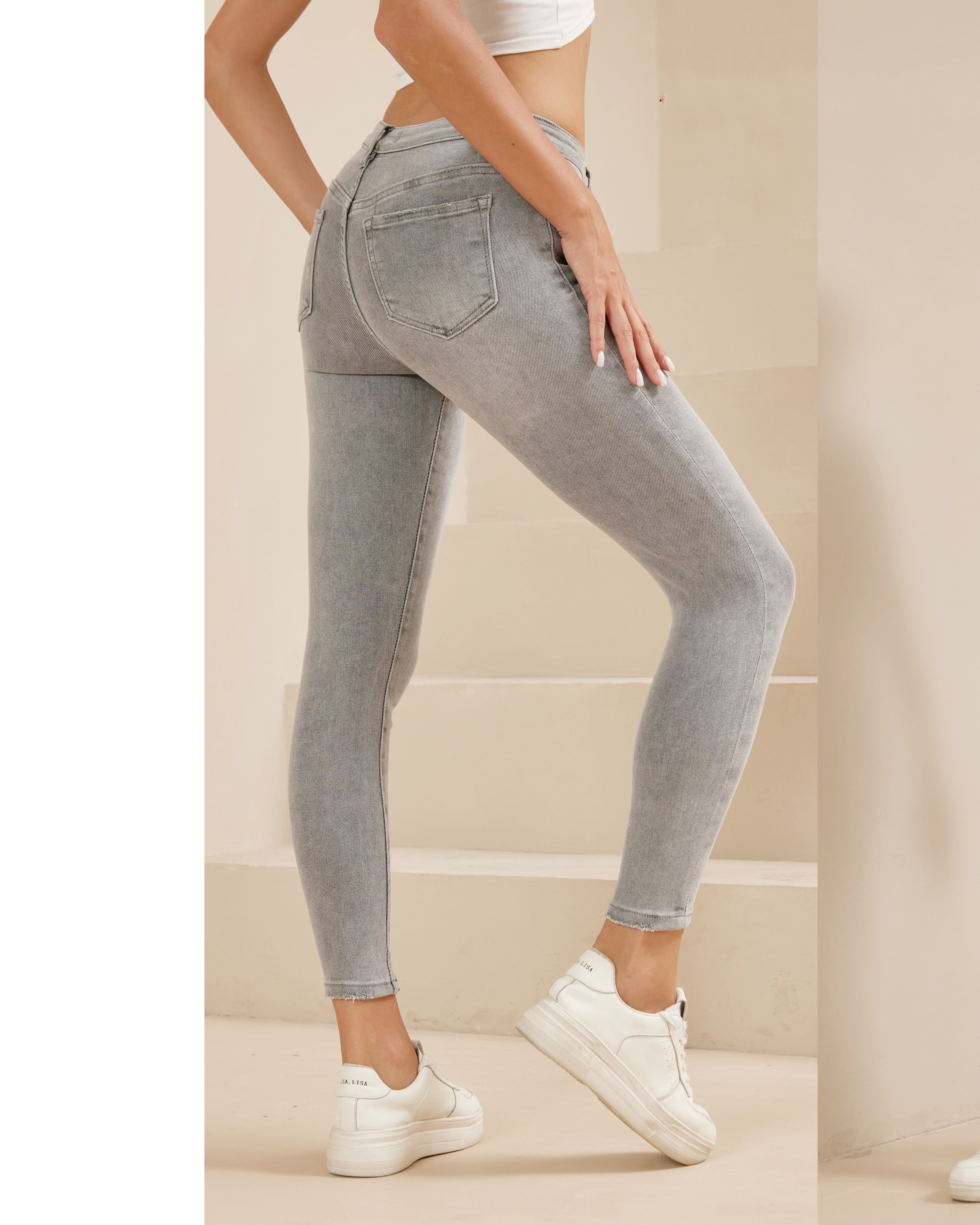 Laulia grijze skinny jeans High Waist - achterkant
