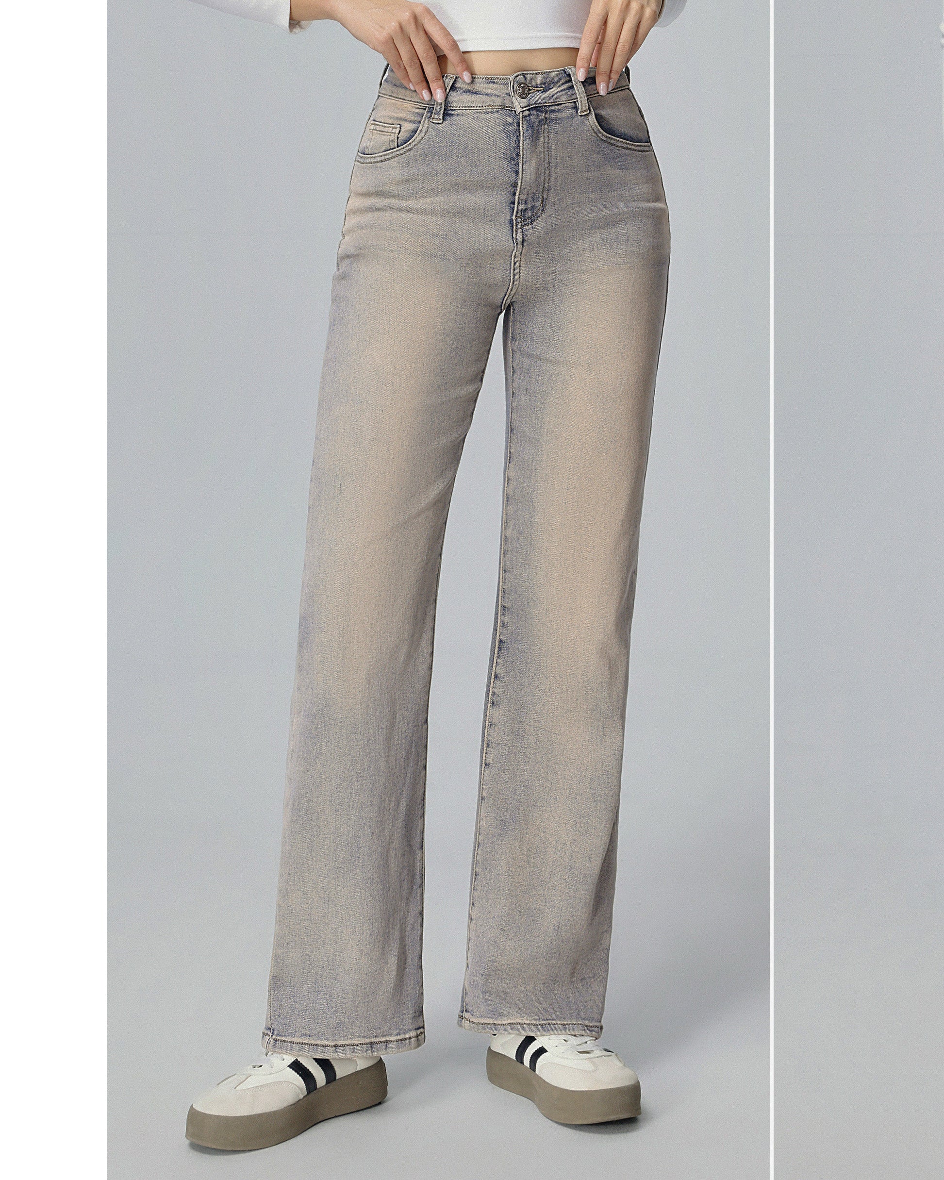 Hello Miss wide leg jeans grijsblauw beige wassing - voorkant