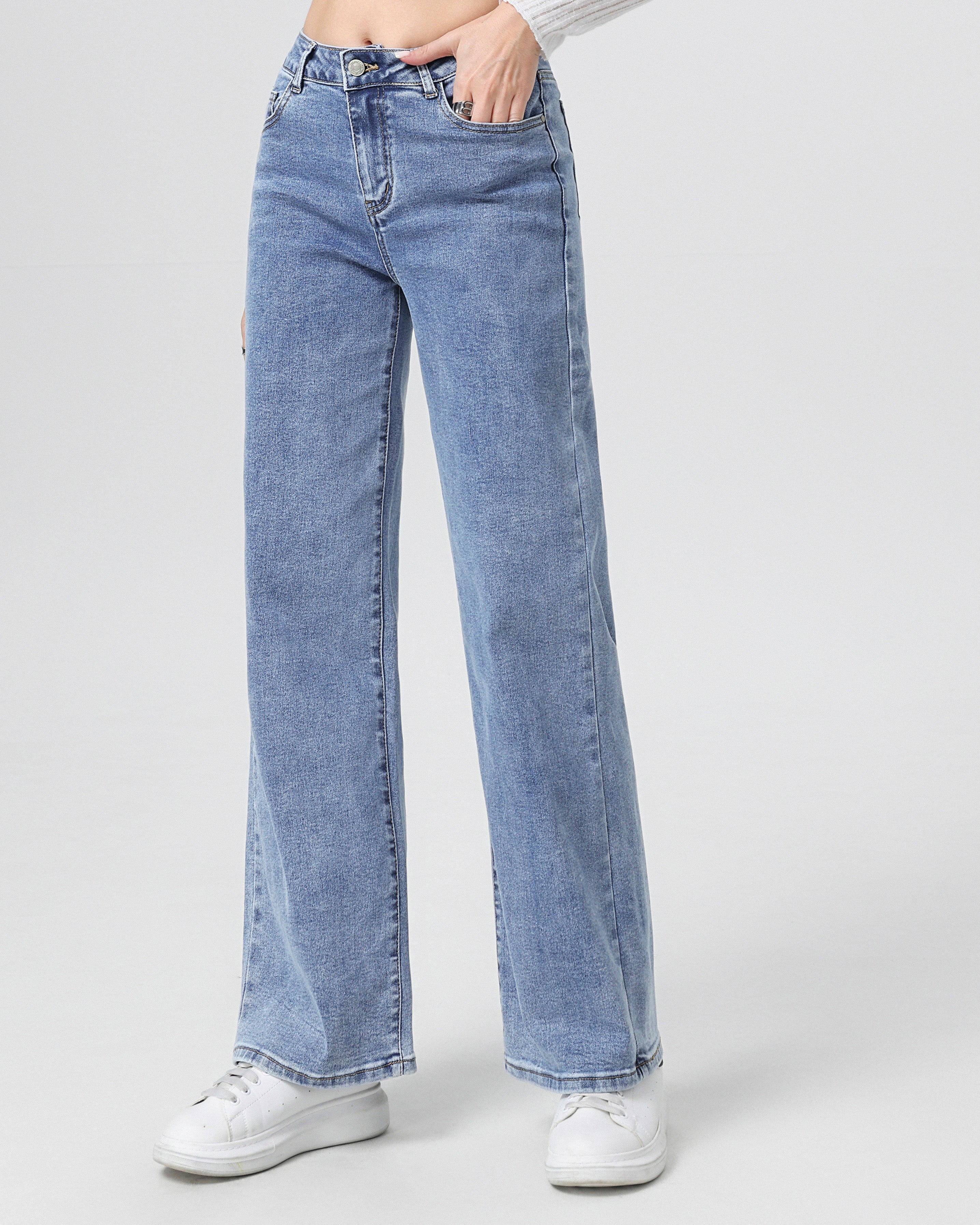Blauwe wide leg jeans dames Hello Miss