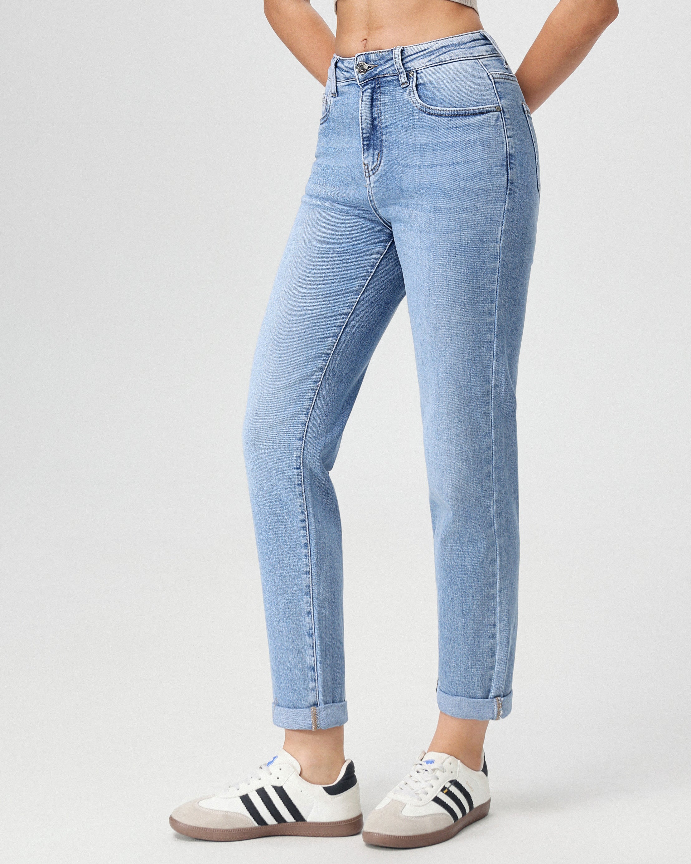 Lichtblauwe mom jeans dames Hello Miss met rechte pijpen - zijkant