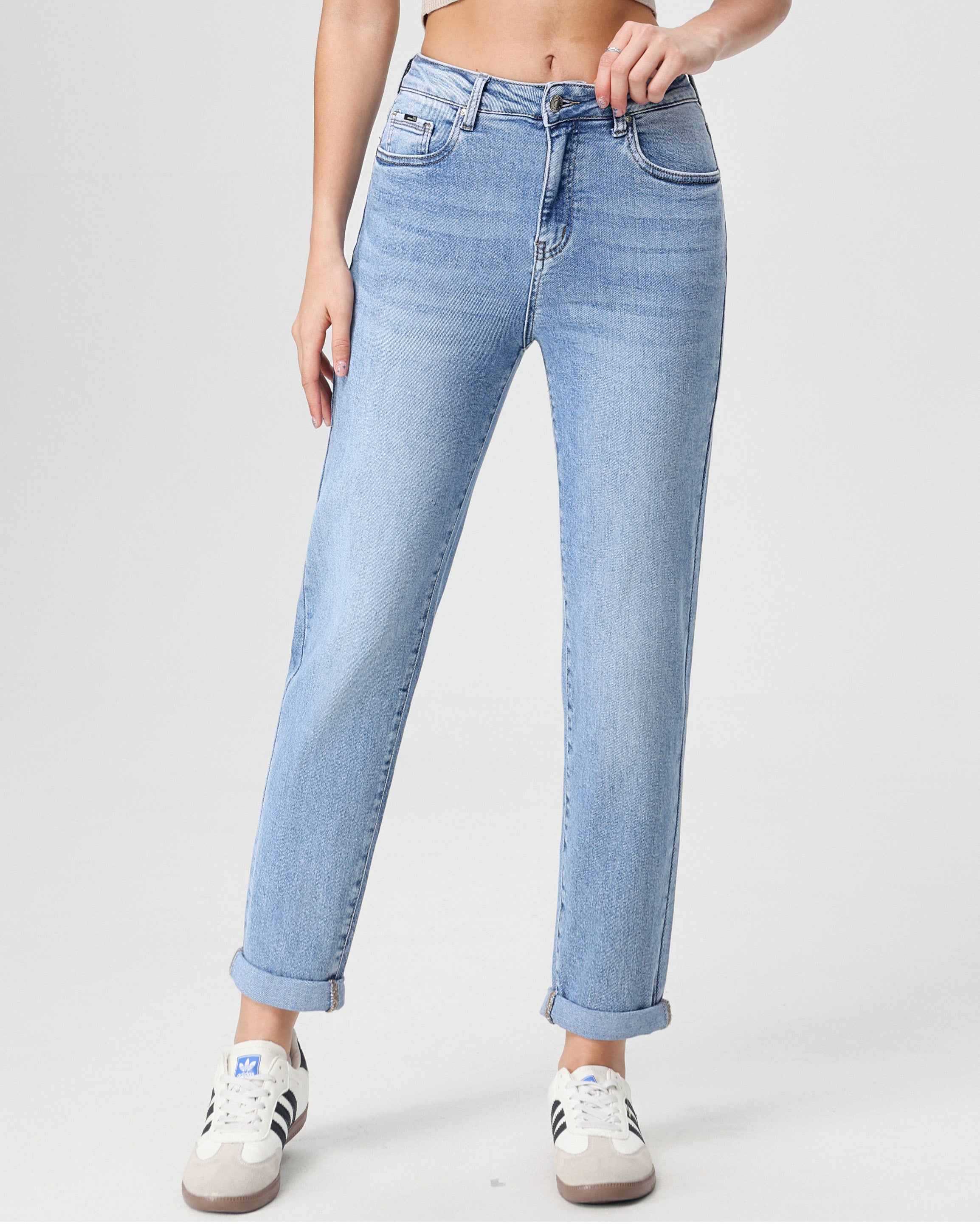 Lichtblauwe mom jeans dames Hello Miss met rechte pijpen - voorkant