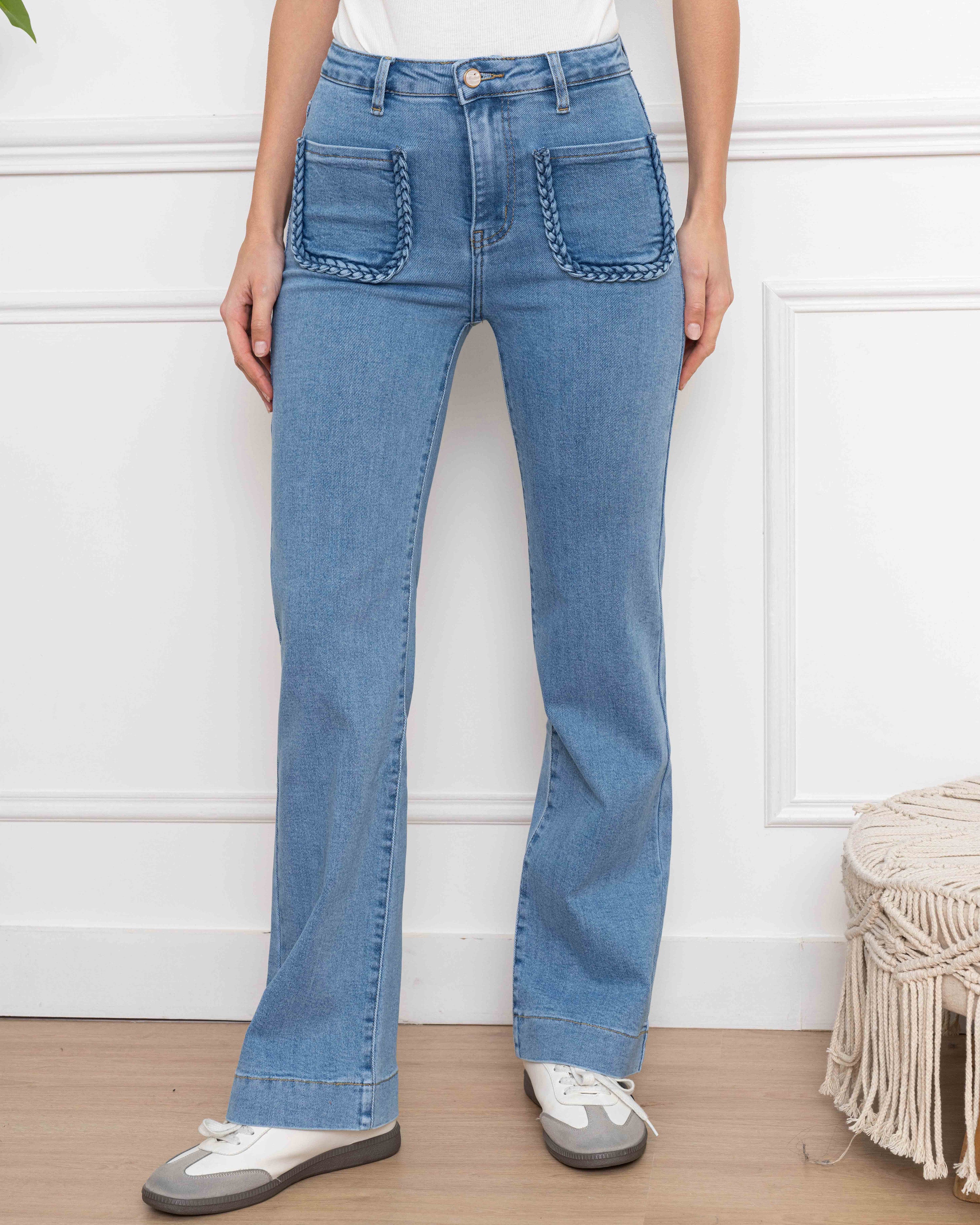 Folyrose wide leg jeans lichtblauw met gevlochten zakken dames