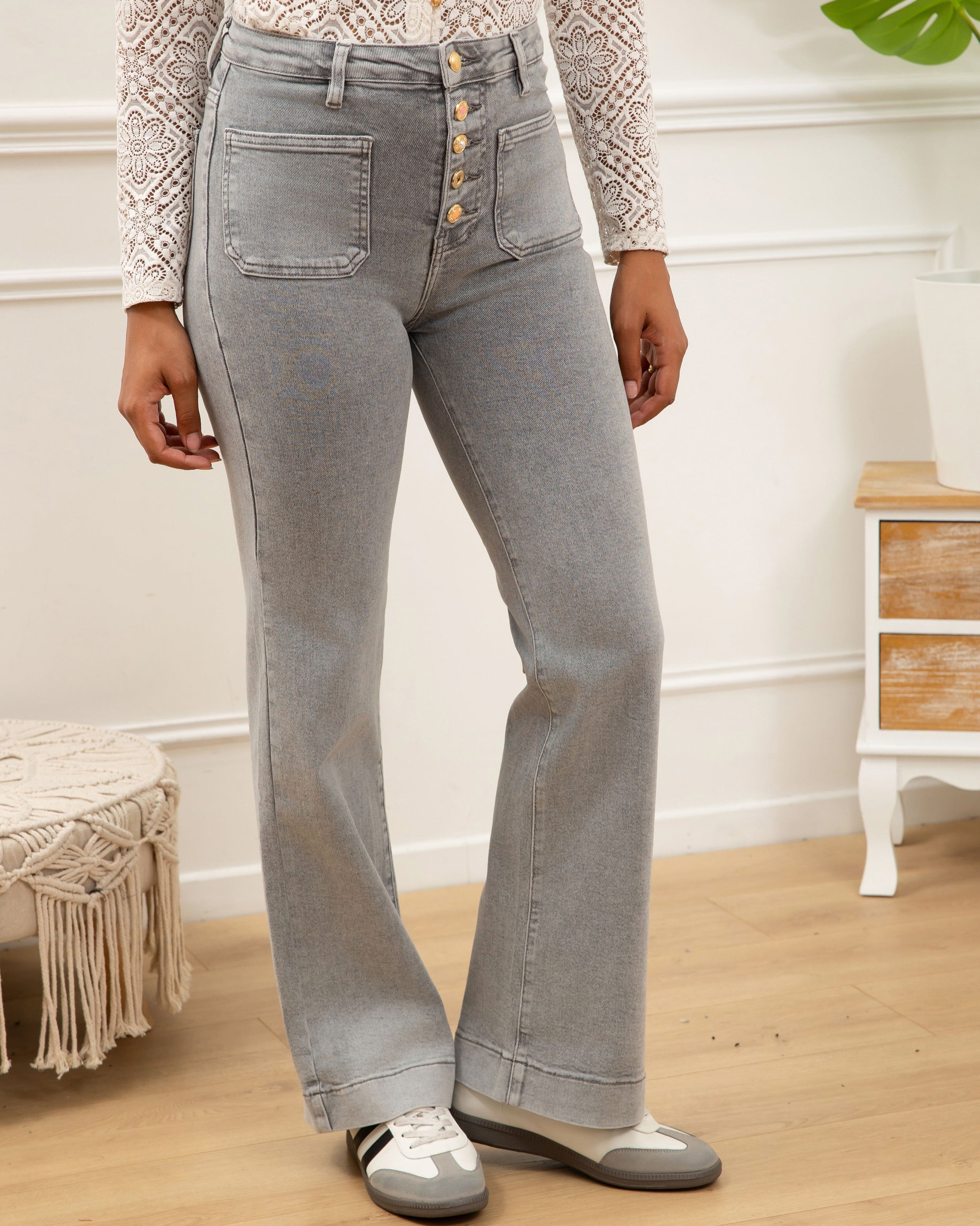 stretchy wide leg jeans grijs knoopsluiting folyrose - voorkant