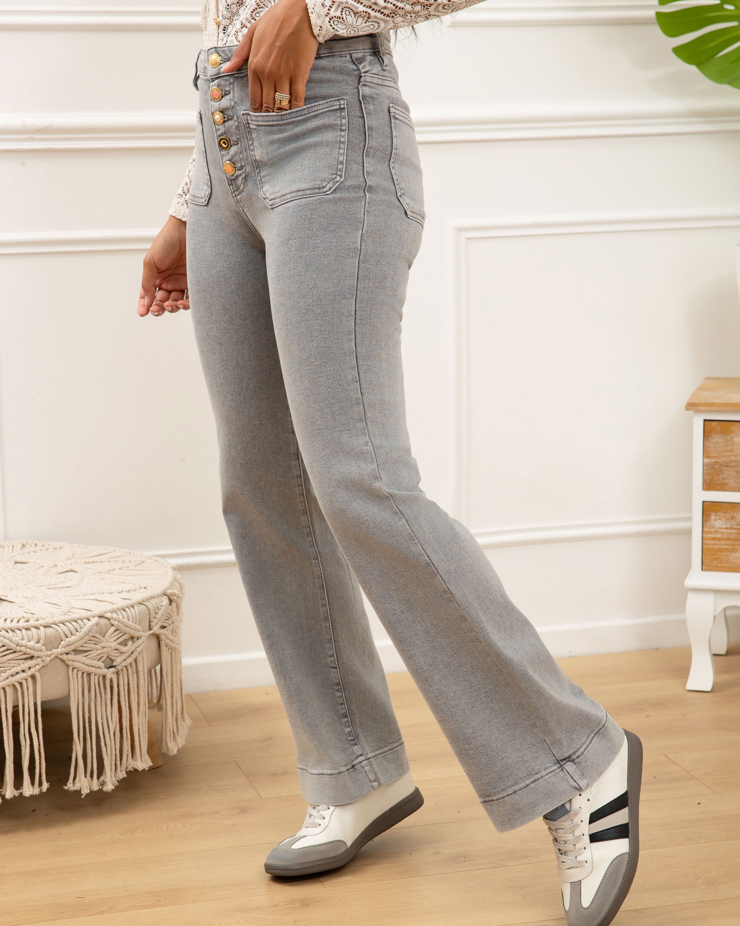 stretchy wide leg jeans grijs knoopsluiting folyrose - zijkant