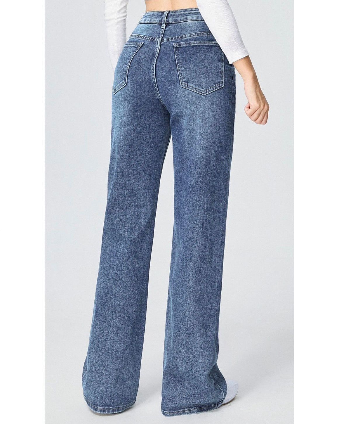 Blauwe wide leg jeans dames tall met extra lange pijpen Hello Miss - achterkant