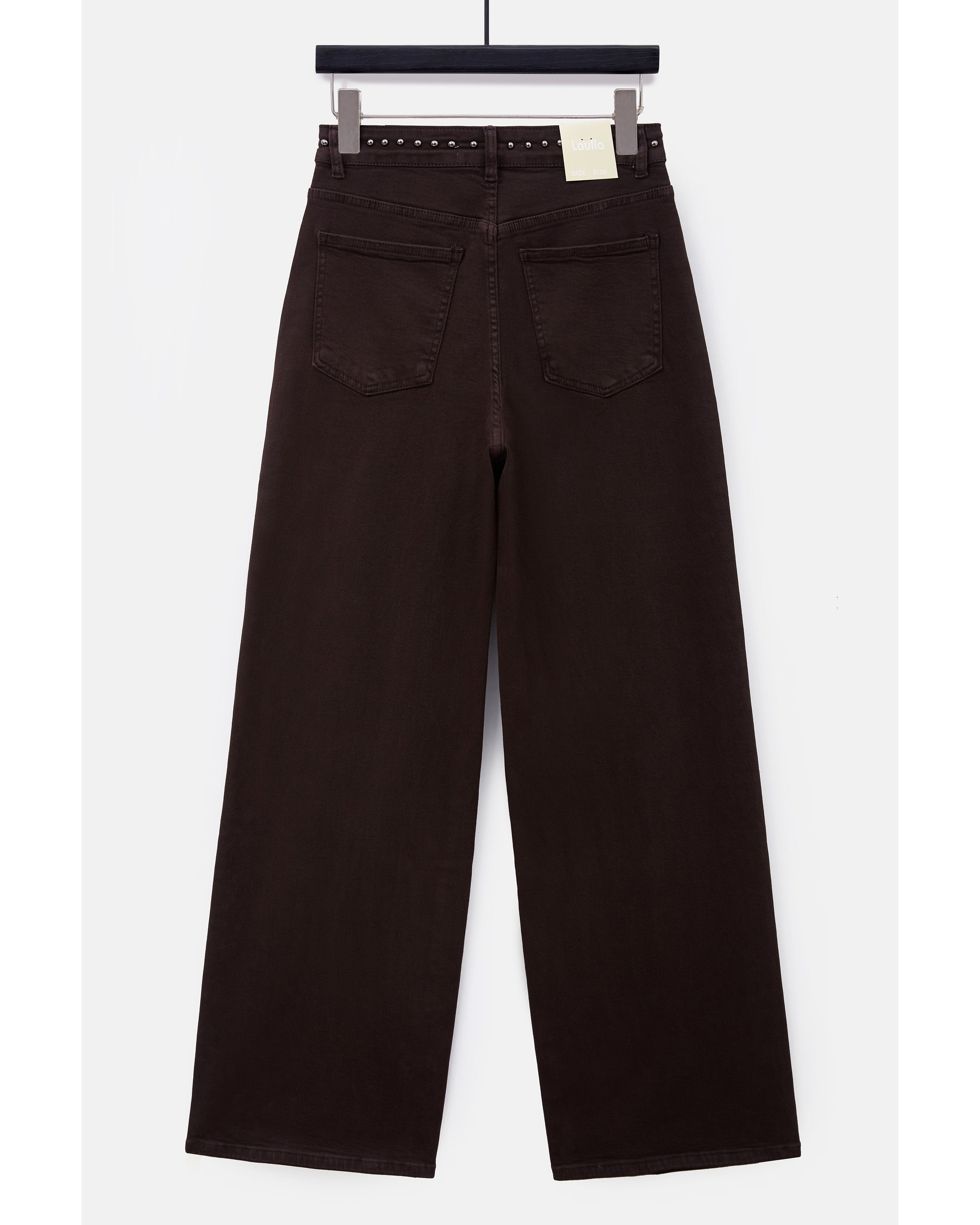 donkerbruine Laulia wide leg jeans met zilverkleurige studs dames achterkant