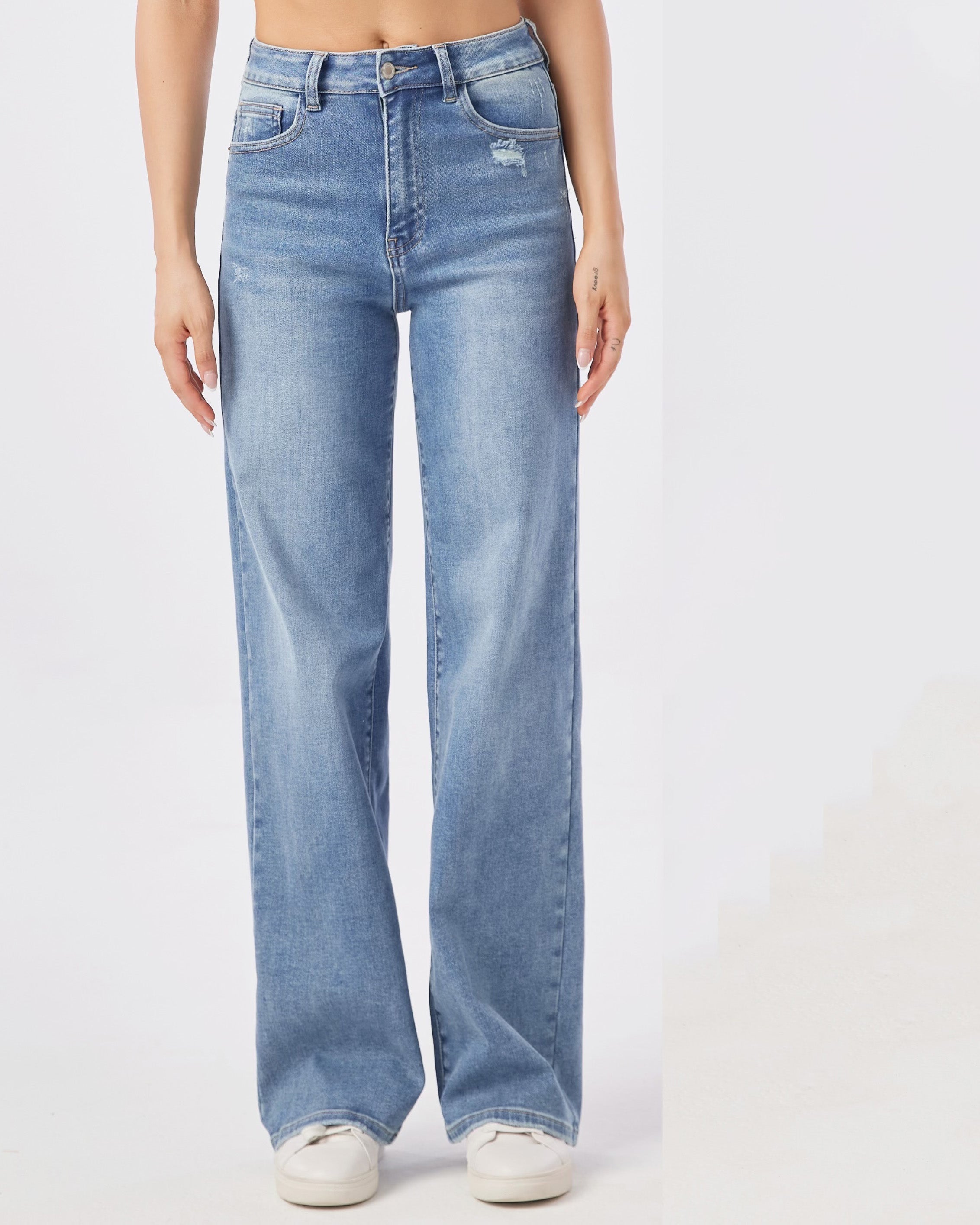 Laulia straight jeans blauw met beige wassing – voorkant