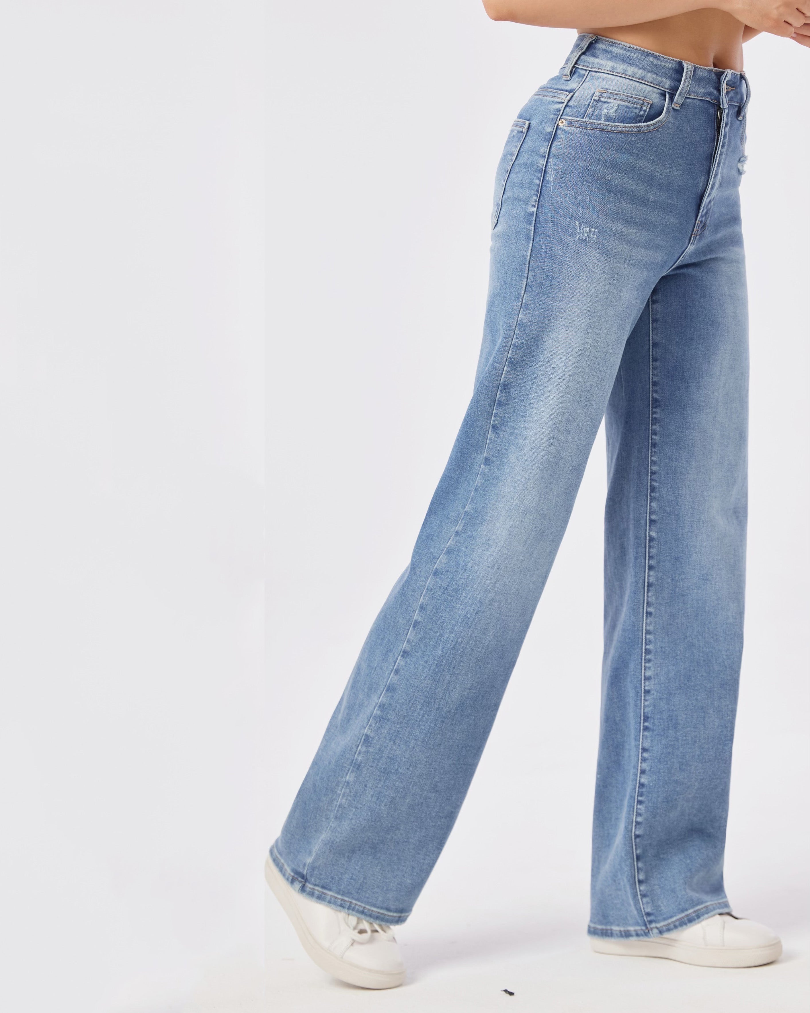 Laulia straight jeans blauw met beige wassing – zijkant