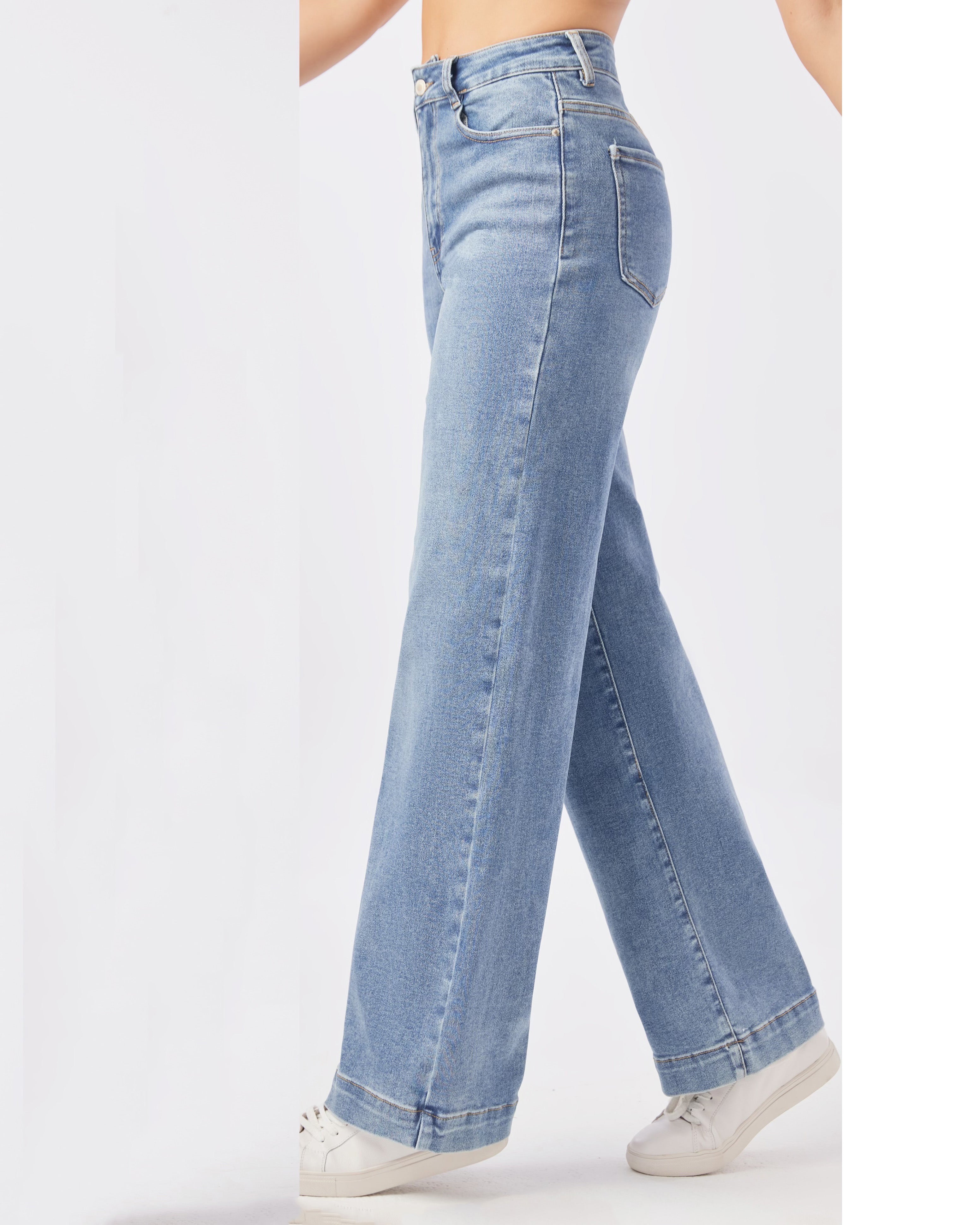 Laulia straight jeans blauw dames met rechte pijpen en blauwe wassing - zijkant
