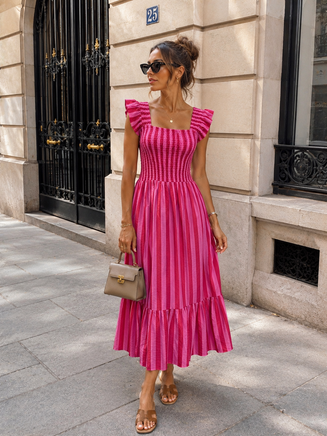 Gestreepte maxi jurk met rushes Noa Fuchsia